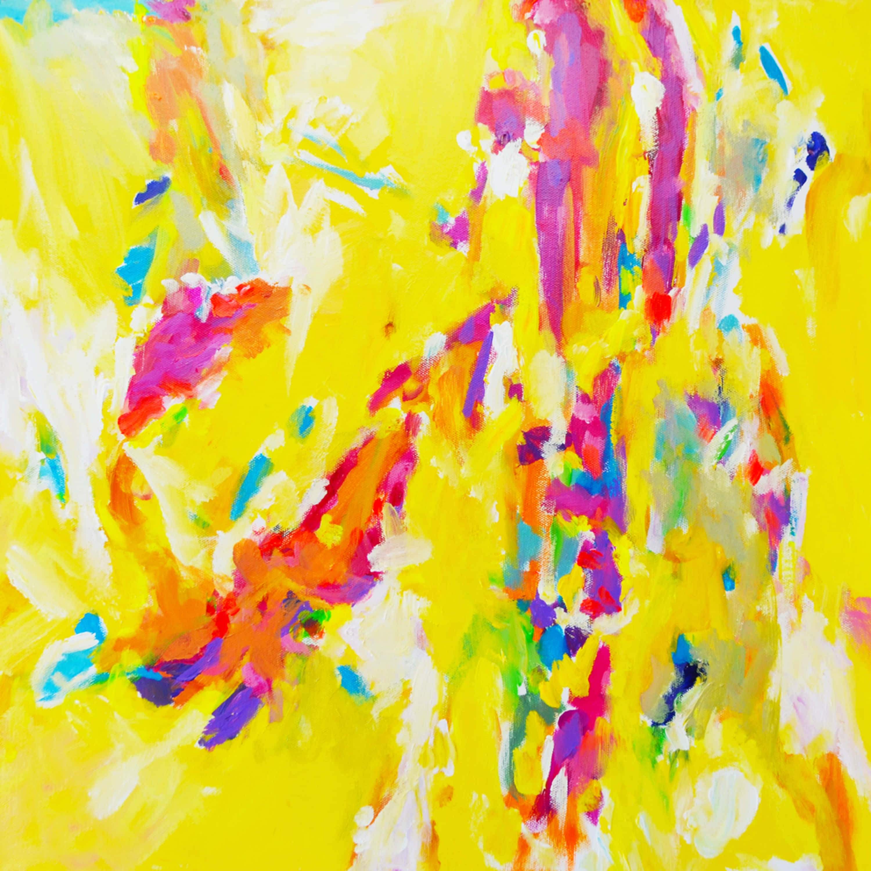 Yellow Art 桌布 壁紙 — 充滿活力的抽象畫，大膽的黃色背景，充滿活力的洋紅色、橙色、藍色和白色筆觸飛濺。