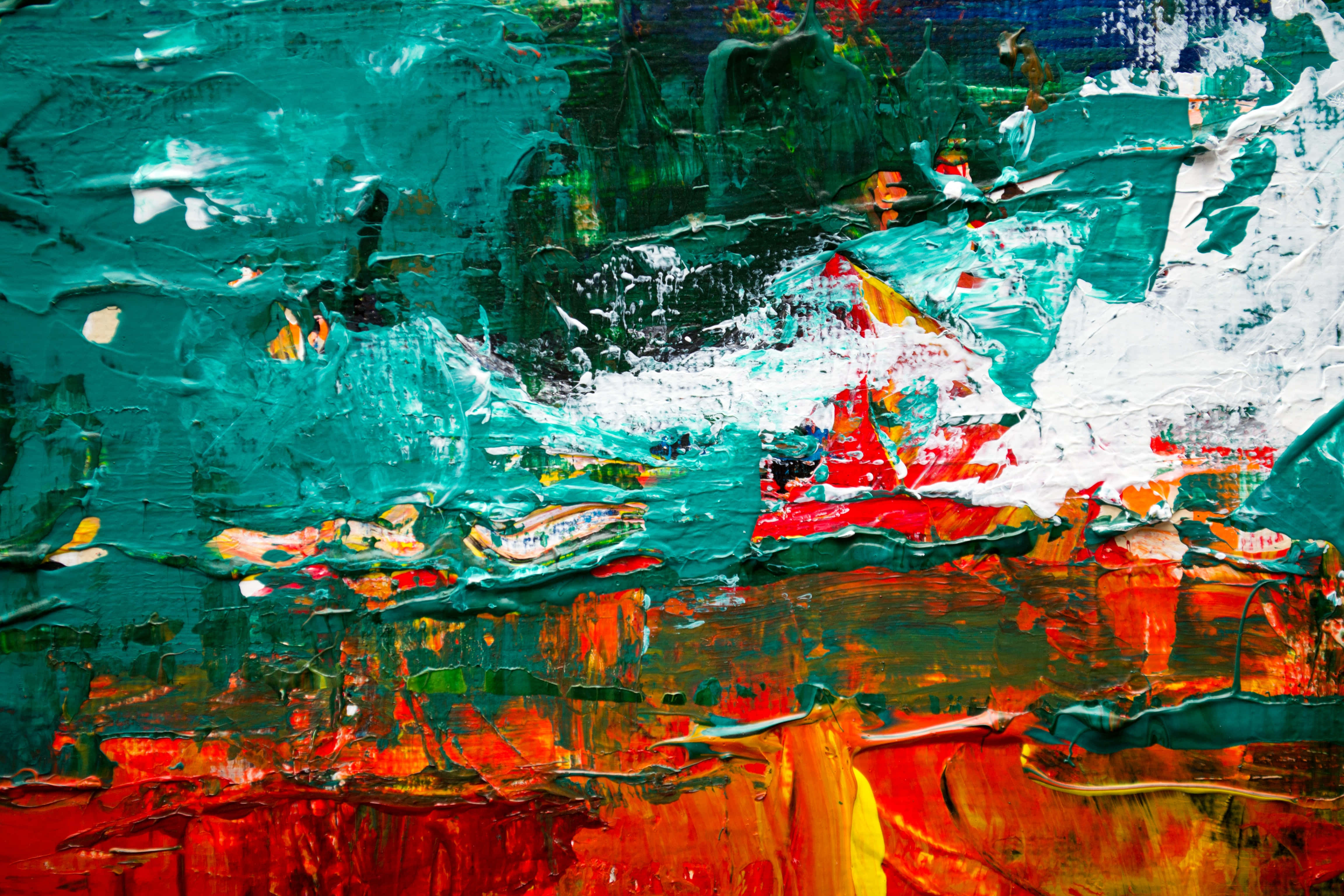 Paint Art 桌布 壁紙 — 充滿活力的抽象畫，帶有厚實紋理的筆觸，使用青綠色、紅色和白色，營造出動態能量。