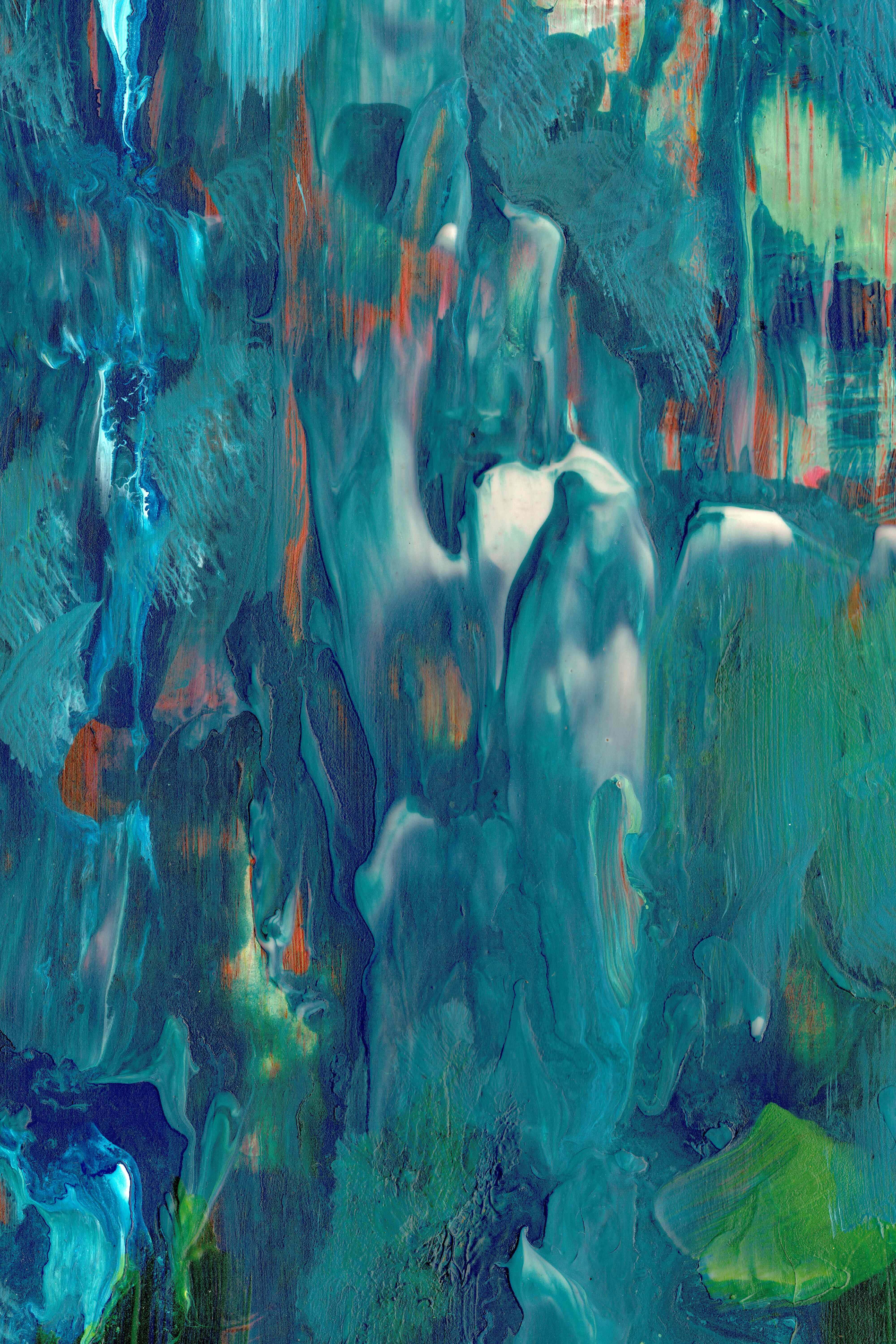 Turquoise Green 桌布 壁紙 — 充滿活力的抽象畫，帶有漩渦狀的藍綠色和橙色筆觸，營造出流暢的有機形態。