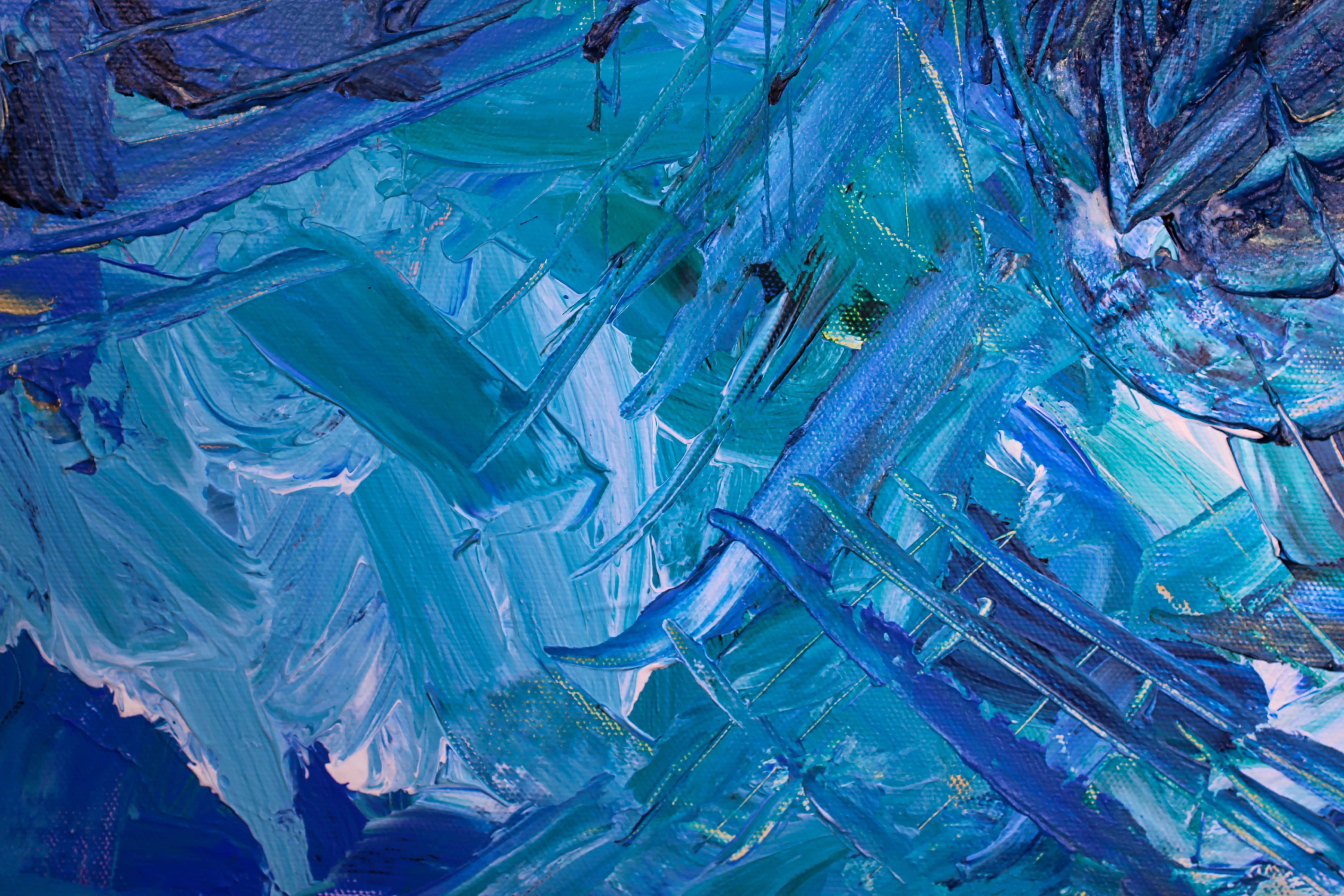 Paint Art 桌布 壁紙 — 充滿活力的抽象畫，帶有電光藍和藍綠色的厚實紋理筆觸，在畫布上動態旋轉。