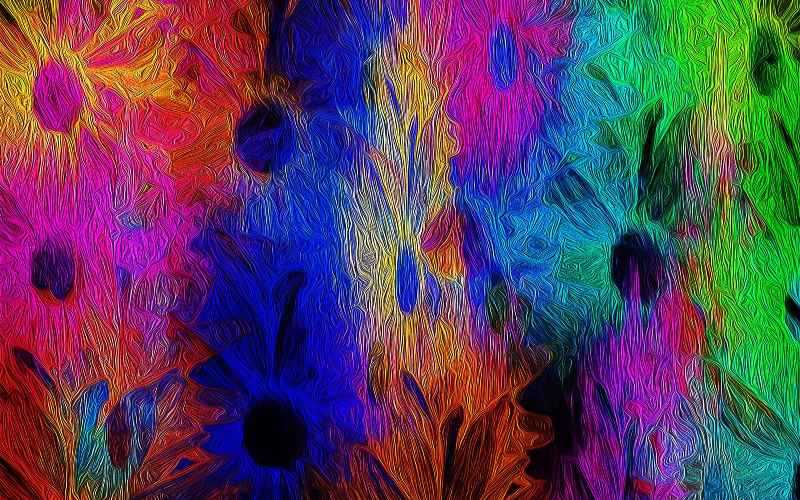 Expressionist 桌布 壁紙 — 充滿活力的抽象花卉形狀在深色背景上以霓虹色調綻放，帶有流動的筆觸紋理。
