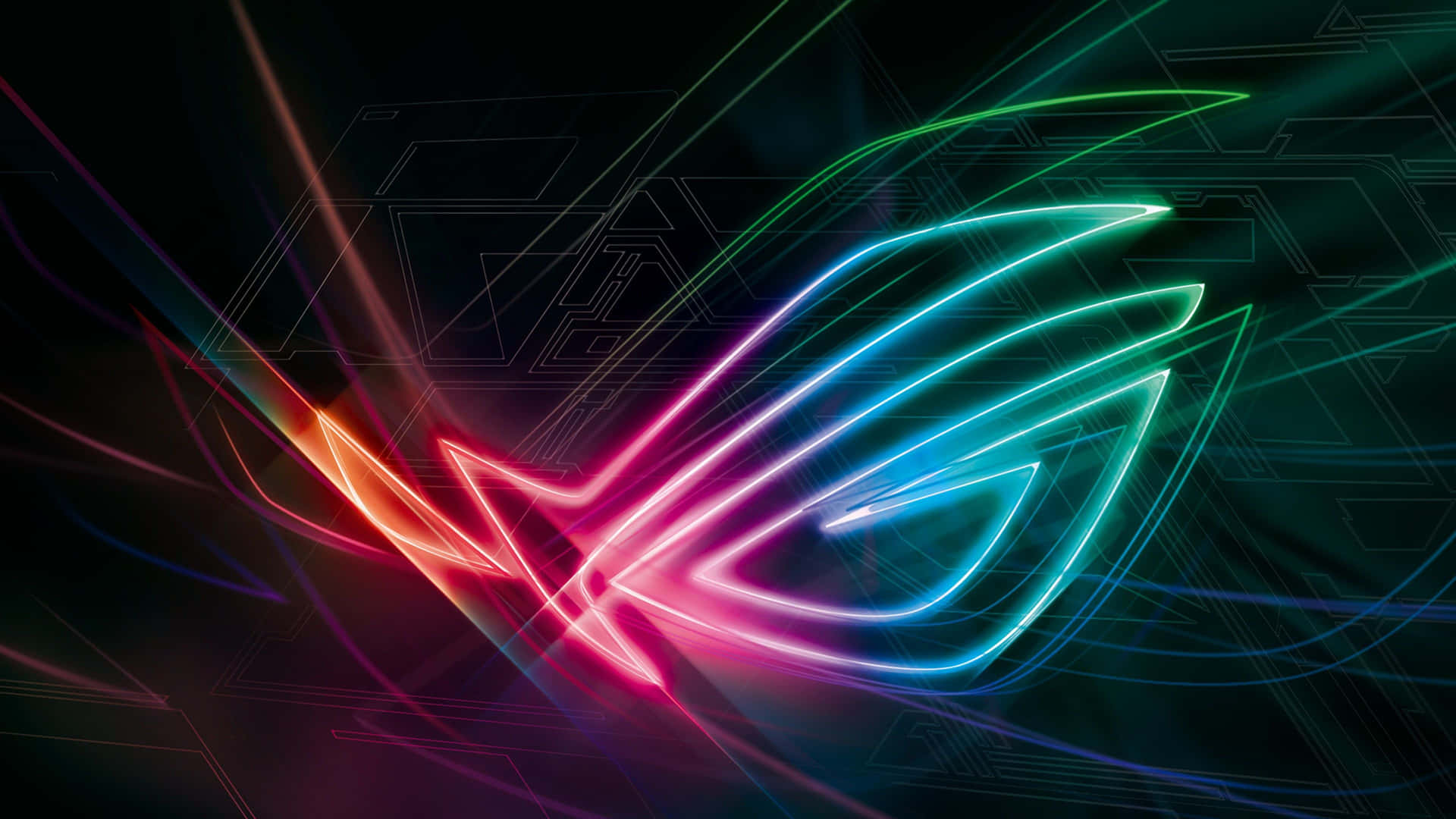 在黑暗的科技背景上帶有霓虹條紋的發光 ROG 標誌。