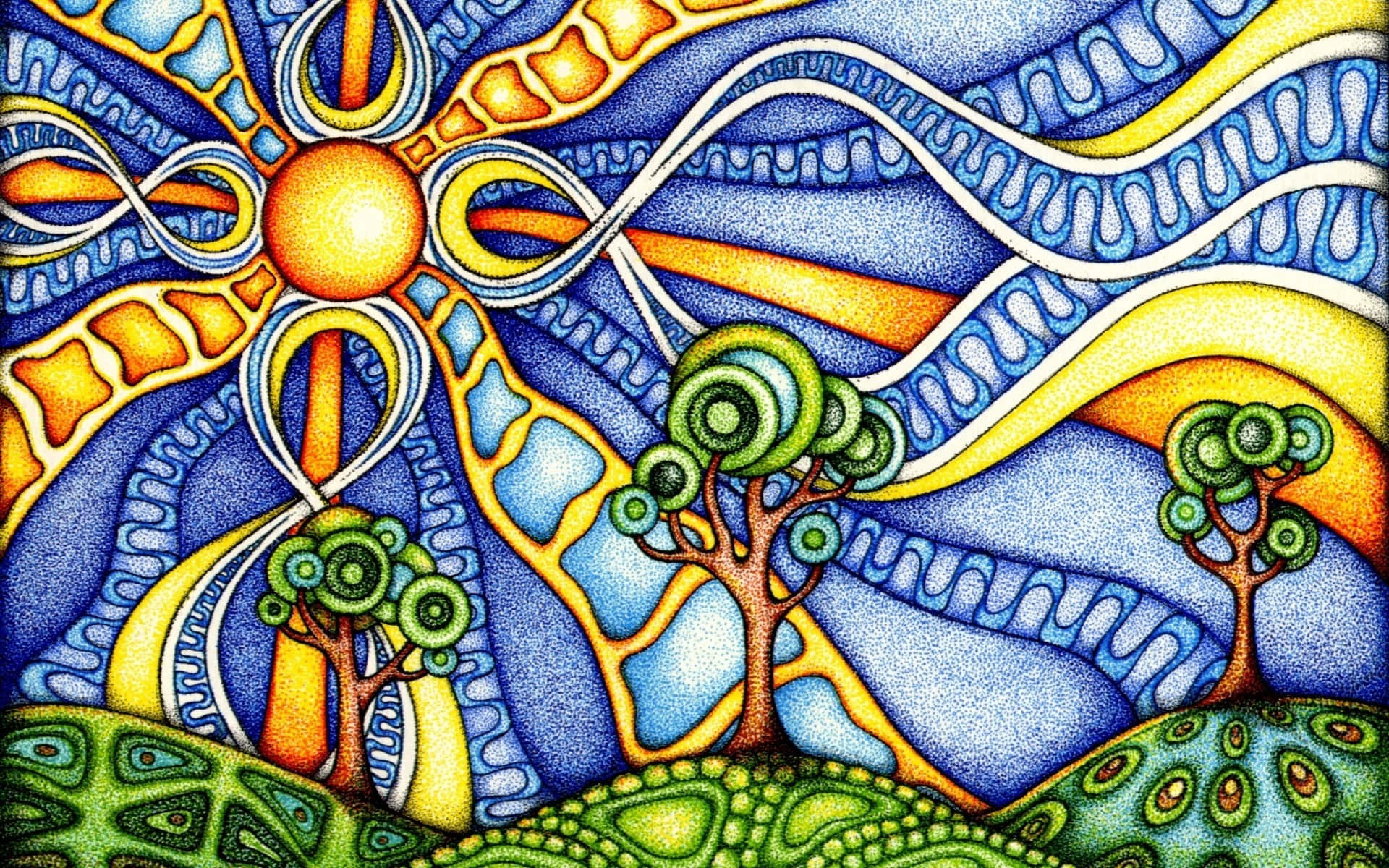 Psychedelic 3d Art 桌布 壁紙 — 充滿活力的抽象風景，在燦爛的陽光下呈現風格化的樹木和漩渦圖案。