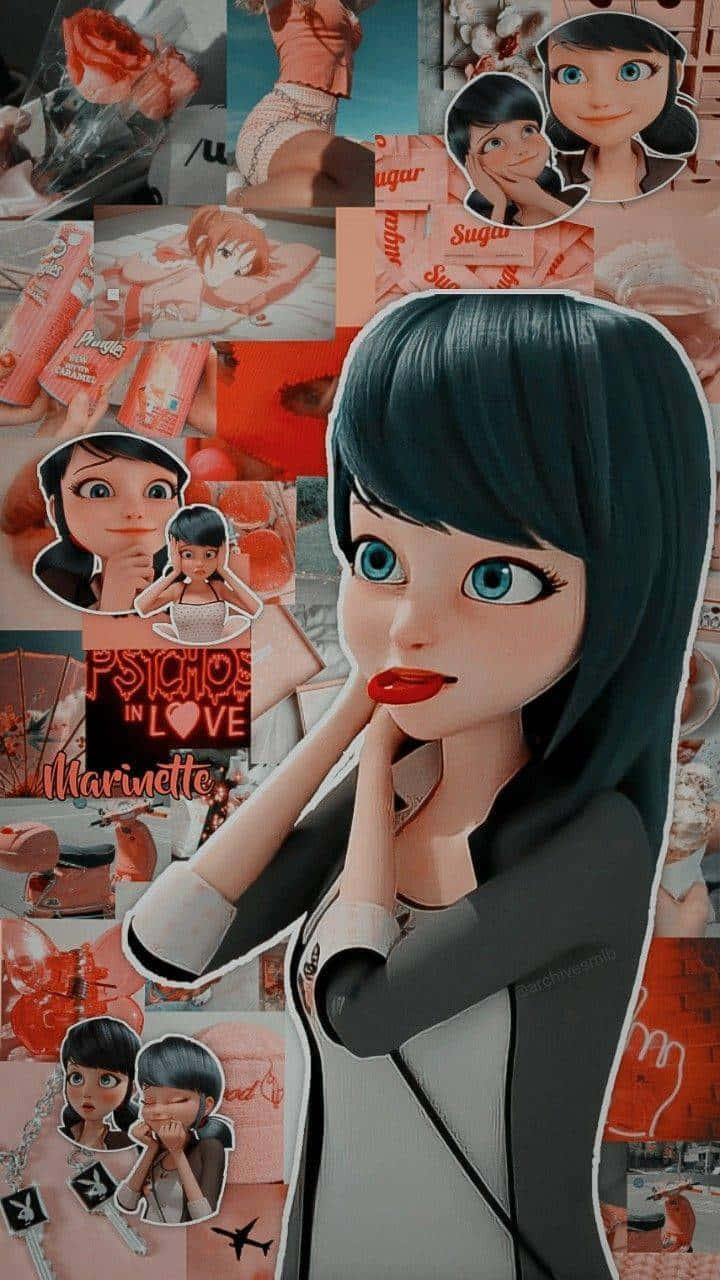 Marinette 桌布 壁紙 — 充滿活力的拼貼牆紙，以Miraculous中的Marinette為特色，帶有鮮明的紅色點綴和散落的動漫風格剪裁。