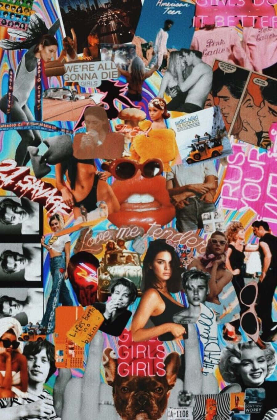 Baddie Vintage 90's Aesthetic 桌布 壁紙 — 充滿活力的拼貼畫，包含流行文化偶像、名人及文字片段，層層疊加在混亂多彩的混沌中。