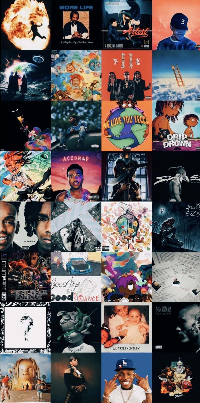 J. Cole - '4 Your Eyez Only' 壁紙 — 充滿活力的拼貼畫，展示色彩繽紛的嘻哈專輯封面，包括Juice WRLD和Travis Scott等藝術家，採用大膽的圖形風格。