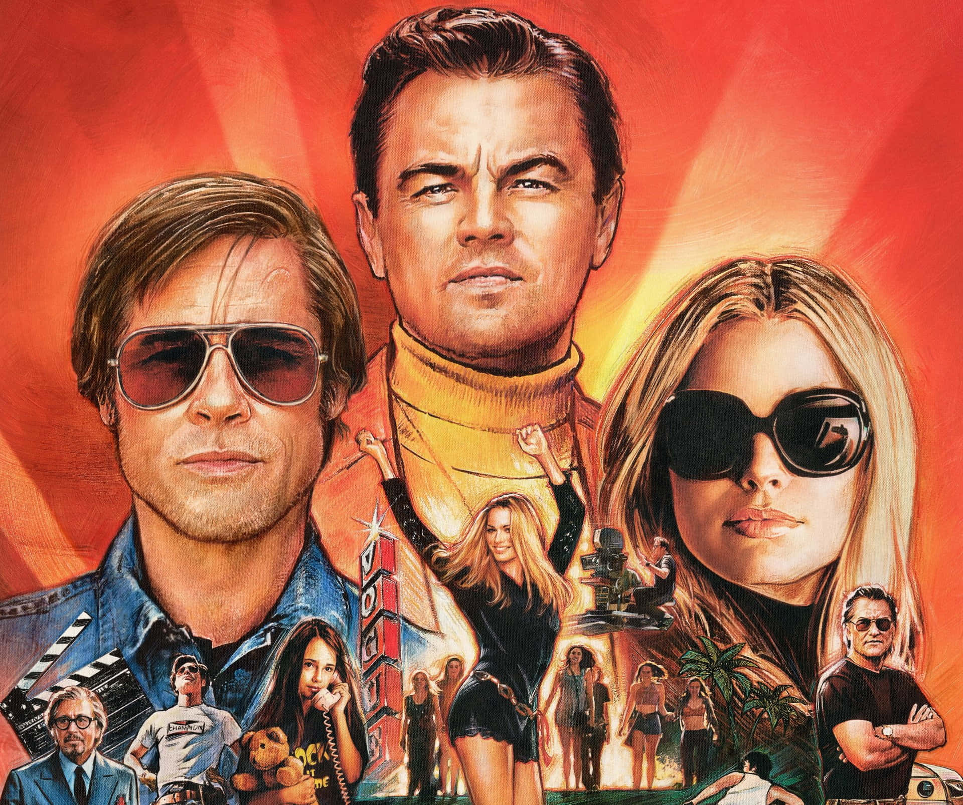 once upon a time in hollywood 桌布 壁紙 — 充滿活力的插圖電影海報， featuring 里安納度·狄卡比奧、畢·彼特和珍妮花·安妮斯頓戴著太陽眼鏡，背景是火熱的橙色和電影圖標。