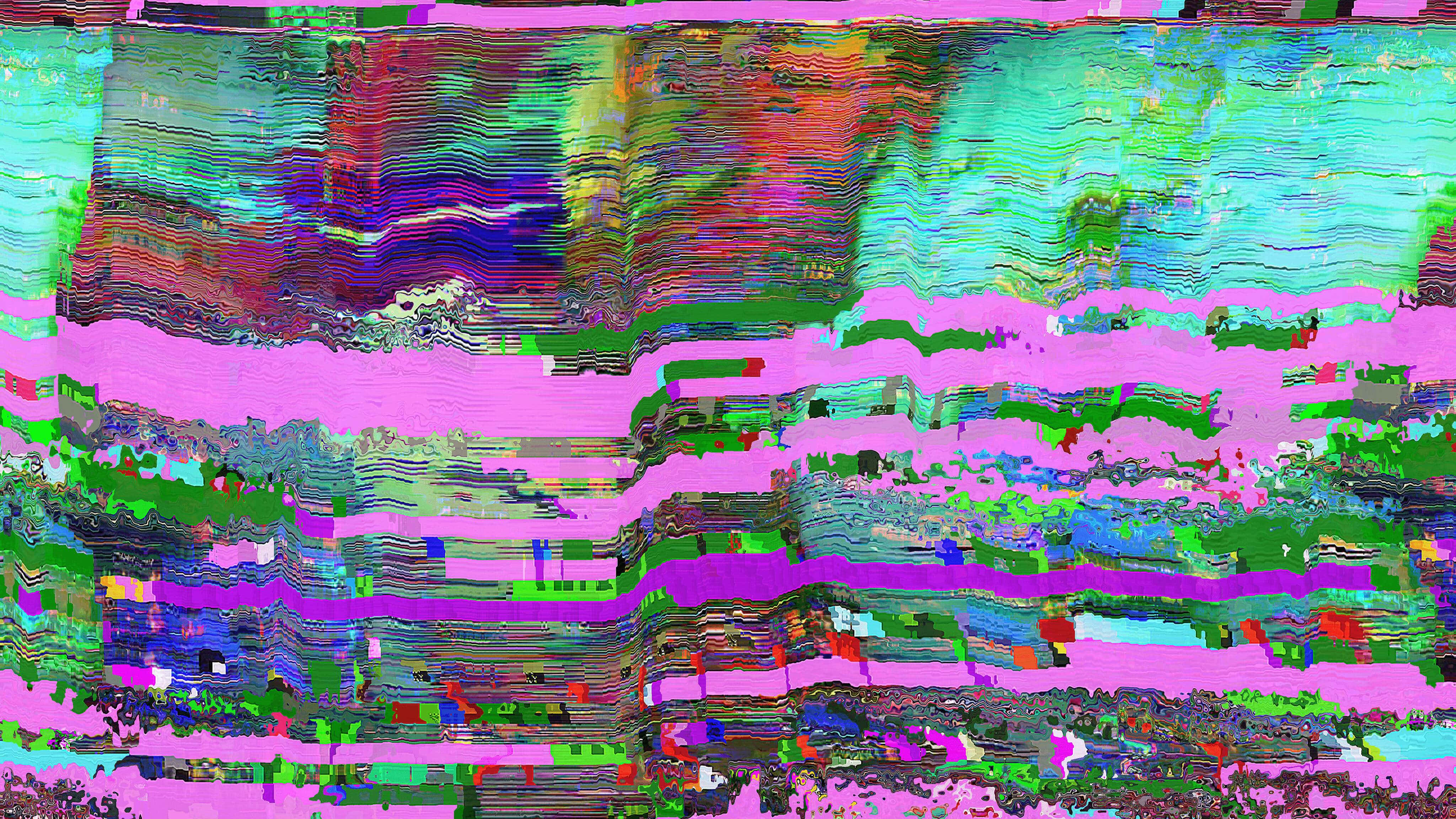 Glitch Effect 桌布 壁紙 — 充滿活力的故障藝術，帶有霓虹粉紅、綠色和紫色的波浪狀數位失真。