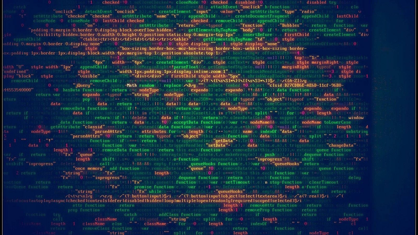 Code 桌布 壁紙 — 充滿活力的數位代碼流在深藍色螢幕上層疊流動，呈現動態的賽博龐克科技顯示。