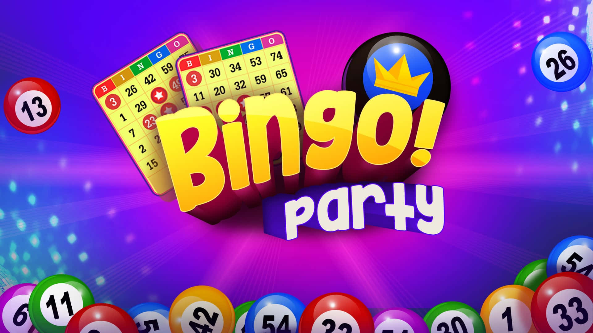 Bingo 桌布 壁紙 — 充滿活力的數位插圖，描繪了一場賓果派對，色彩繽紛的卡片和帶有數字的球，背景是閃閃發光的紫色。
