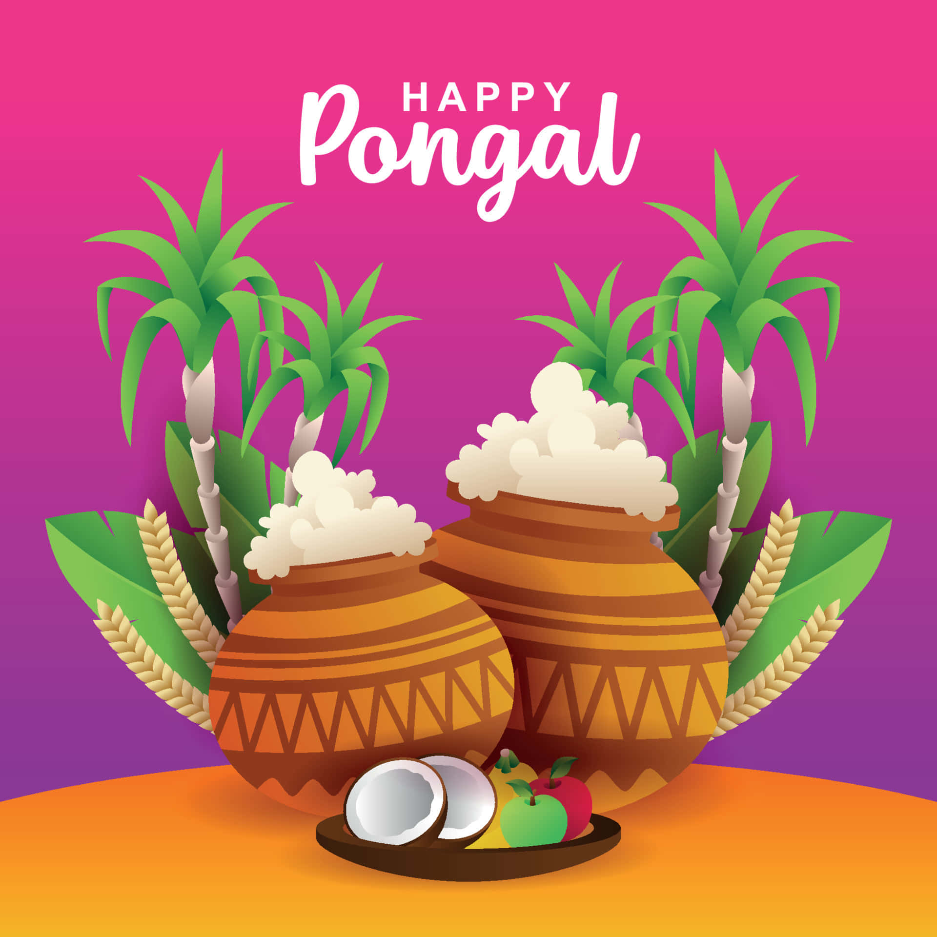 Pongal 桌布 壁紙 — 充滿活力的數位插圖，描繪兩鍋冒煙的Pongal，兩旁有甘蔗和小麥，背景為粉紅到紫色的漸變色。