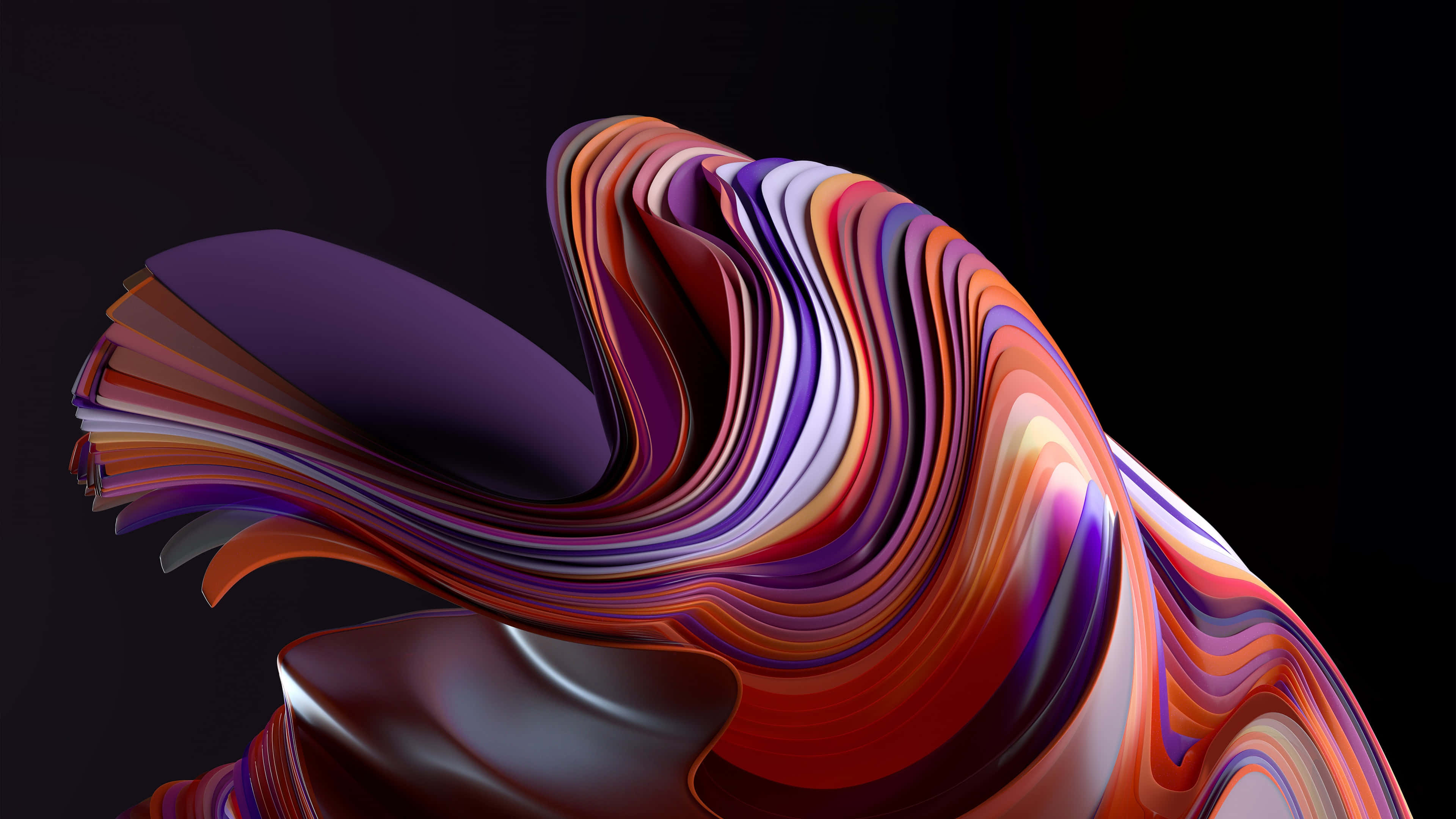 4K Oled 桌布 壁紙 — 充滿活力的數位漩渦，由深紫色、橙色和紅色的分層絲帶組成，在純黑背景上動態流動。
