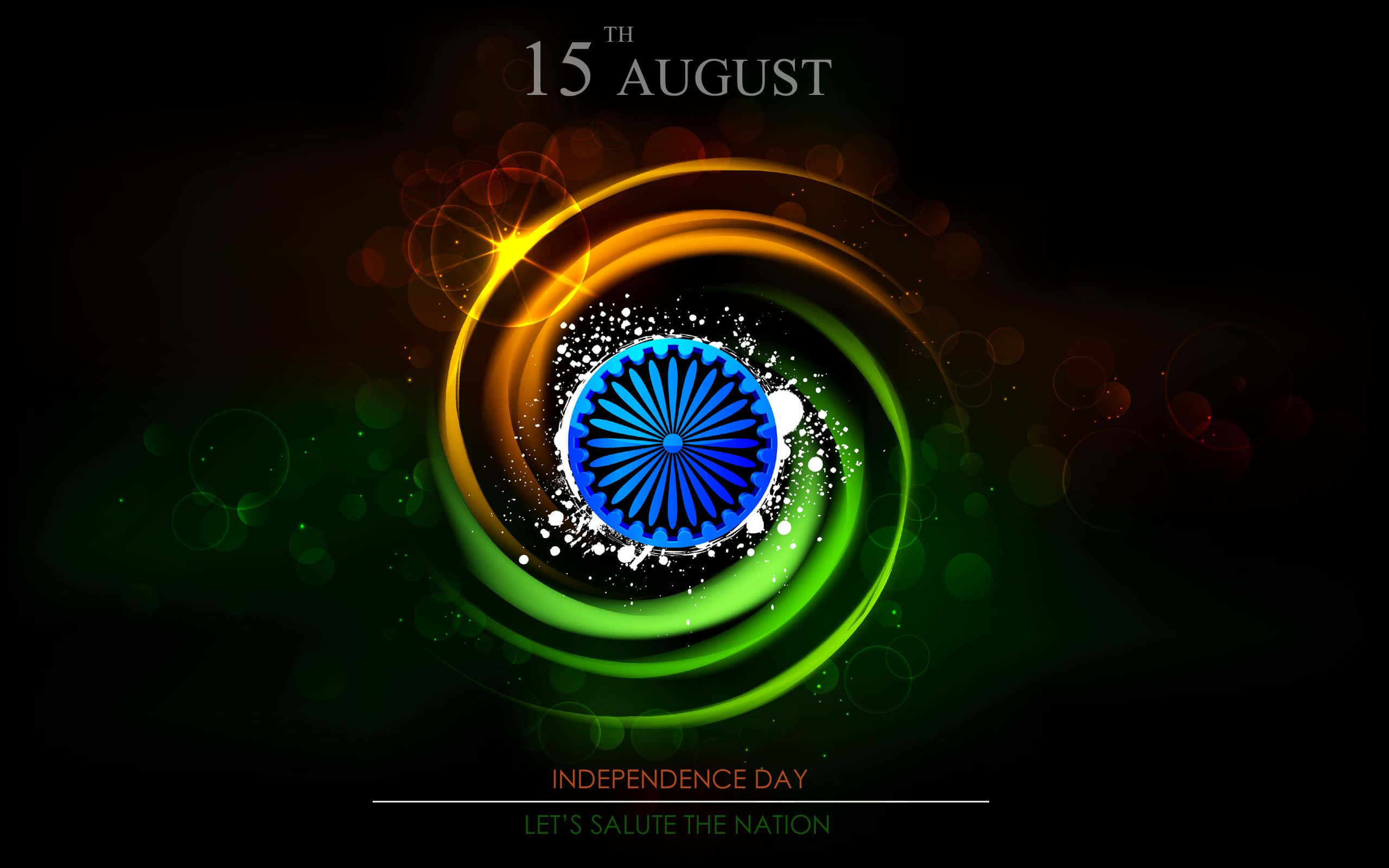 Independence Day 桌布 壁紙 — 充滿活力的數位漩渦，由藏紅花綠色和海軍藍色組成，圍繞著阿育王法輪形成動態螺旋，慶祝8月15日的印度獨立日。