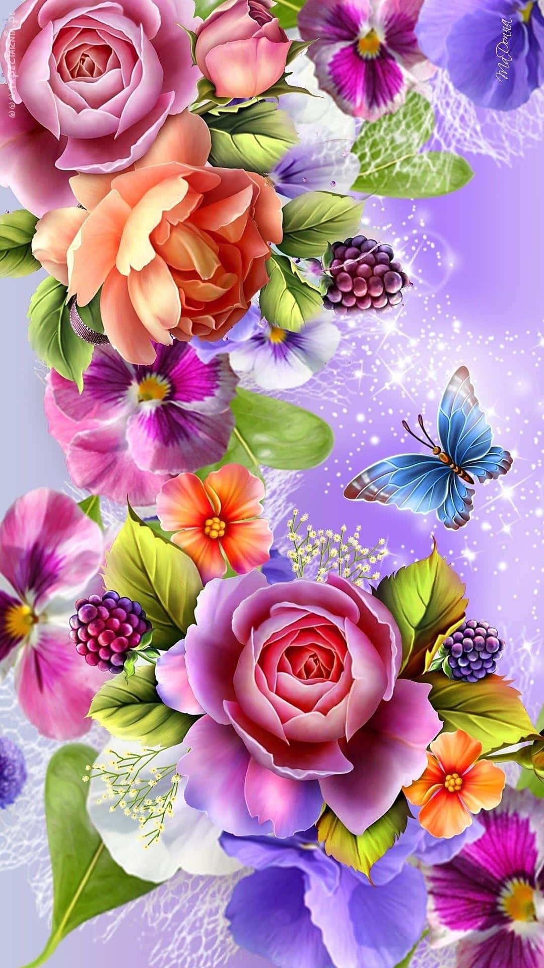 Floral Art 桌布 壁紙 — 充滿活力的數位花束，包含粉紅玫瑰、紫色三色堇和漿果，一隻藍色蝴蝶在閃閃發光的薰衣草背景上翩翩起舞。