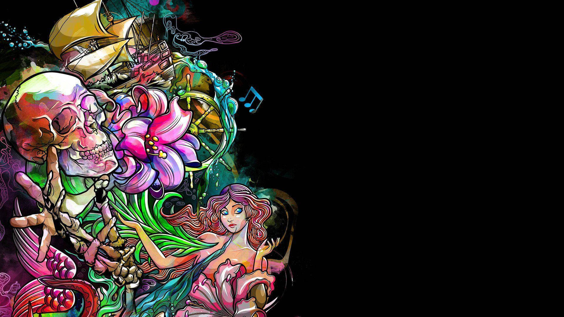 骷髏 桌布 壁紙 — 充滿活力的數位藝術作品，描繪一個骷髏頭拿著一朵粉紅色的花，旁邊有一條美人魚和海盜船，背景為黑色。