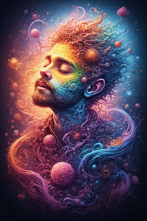 一個閉眼的男人，被發光的宇宙漩渦和鮮豔彩虹色的球體包圍。