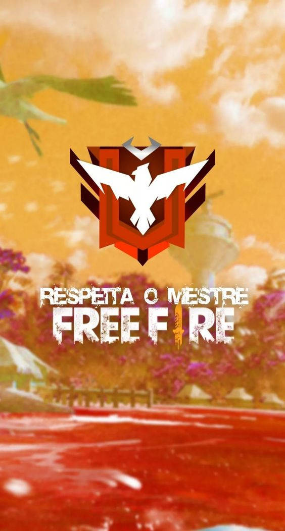 熱帶 桌布 壁紙 — 充滿活力的數位藝術壁紙，Free Fire 標誌搭配白色鳥類徽章，位於風格化的景觀之上，有紅色水域和紫色花朵，在溫暖的天空下。
