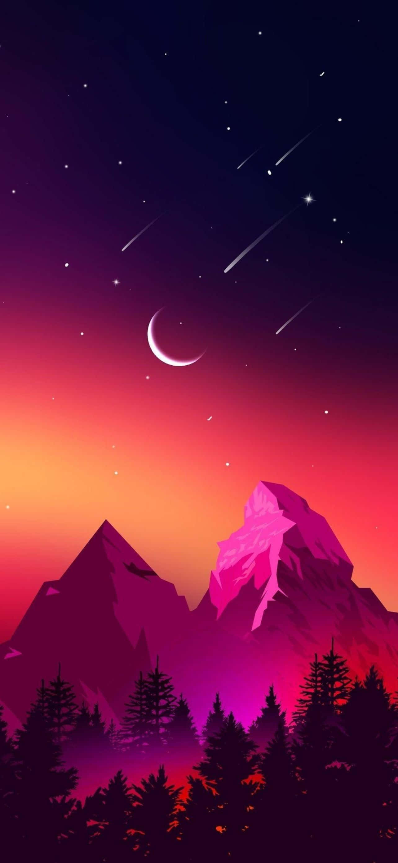 型格 iPhone 壁紙 桌布 壁紙 — 充滿活力的數碼天空，新月和流星在洋紅色的山脈和深色松樹上方。