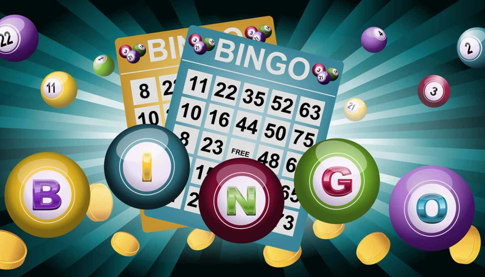Bingo 桌布 壁紙 — 充滿活力的數碼插圖，描繪賓果遊戲中色彩繽紛的球和卡片在閃耀的青綠色背景上迸發出來。