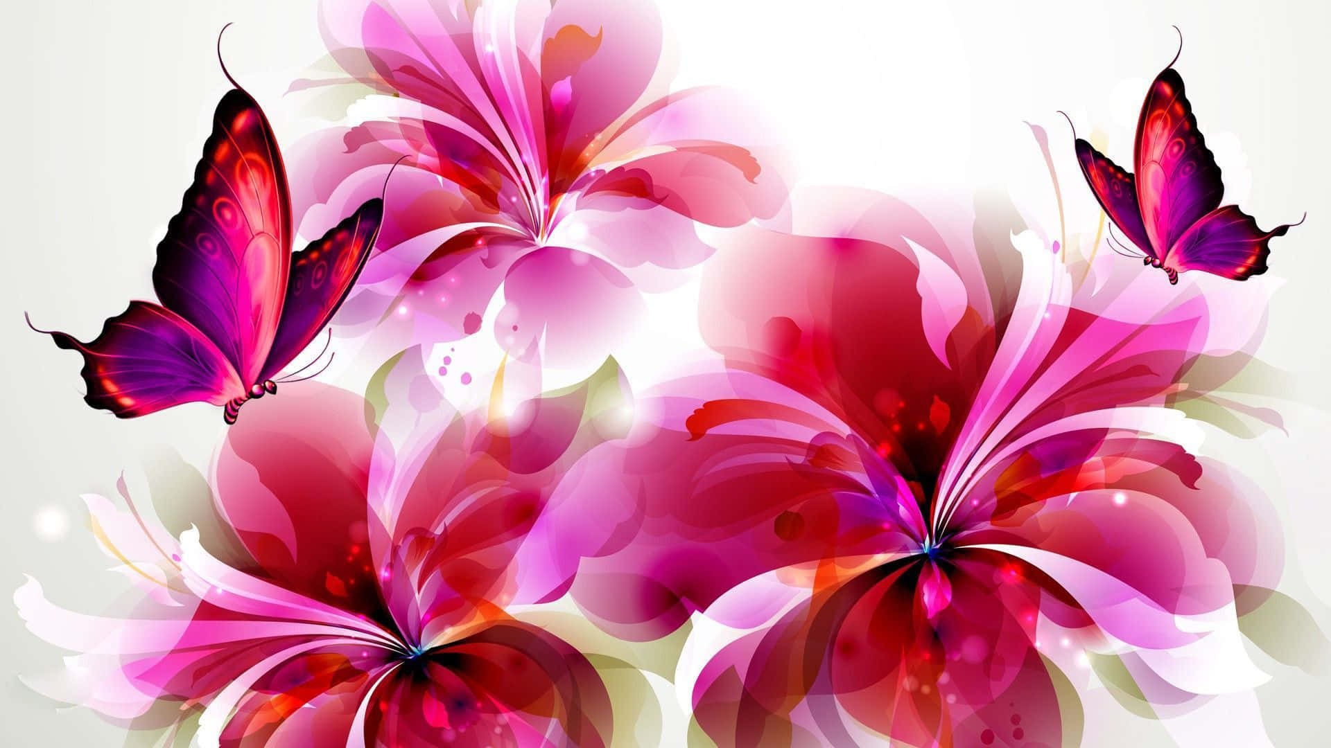 Digital Art 桌布 壁紙 — 充滿活力的數碼花卉，呈現粉紅和紫色調，帶有發光高光，兩隻蝴蝶優雅地在它們周圍翩翩起舞。