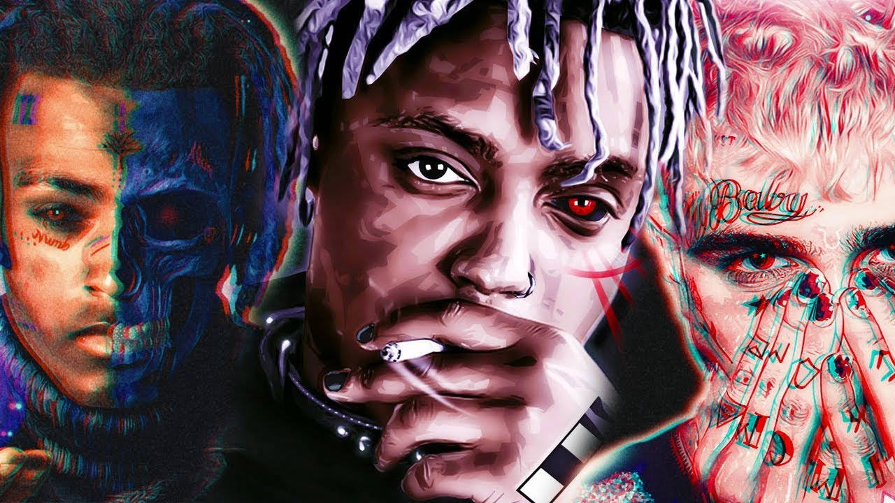 Juice WRLD 桌布 壁紙 — 充滿活力的數碼藝術肖像，描繪三個風格化的面孔，帶有故障效果、紋身和紅眼睛，手持香煙。