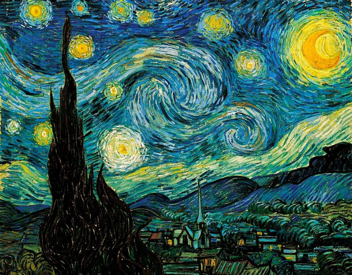 Impressionism 桌布 壁紙 — 充滿活力的旋轉夜空，閃爍的星星和彎月照耀著寧靜的村莊和高大的柏樹。
