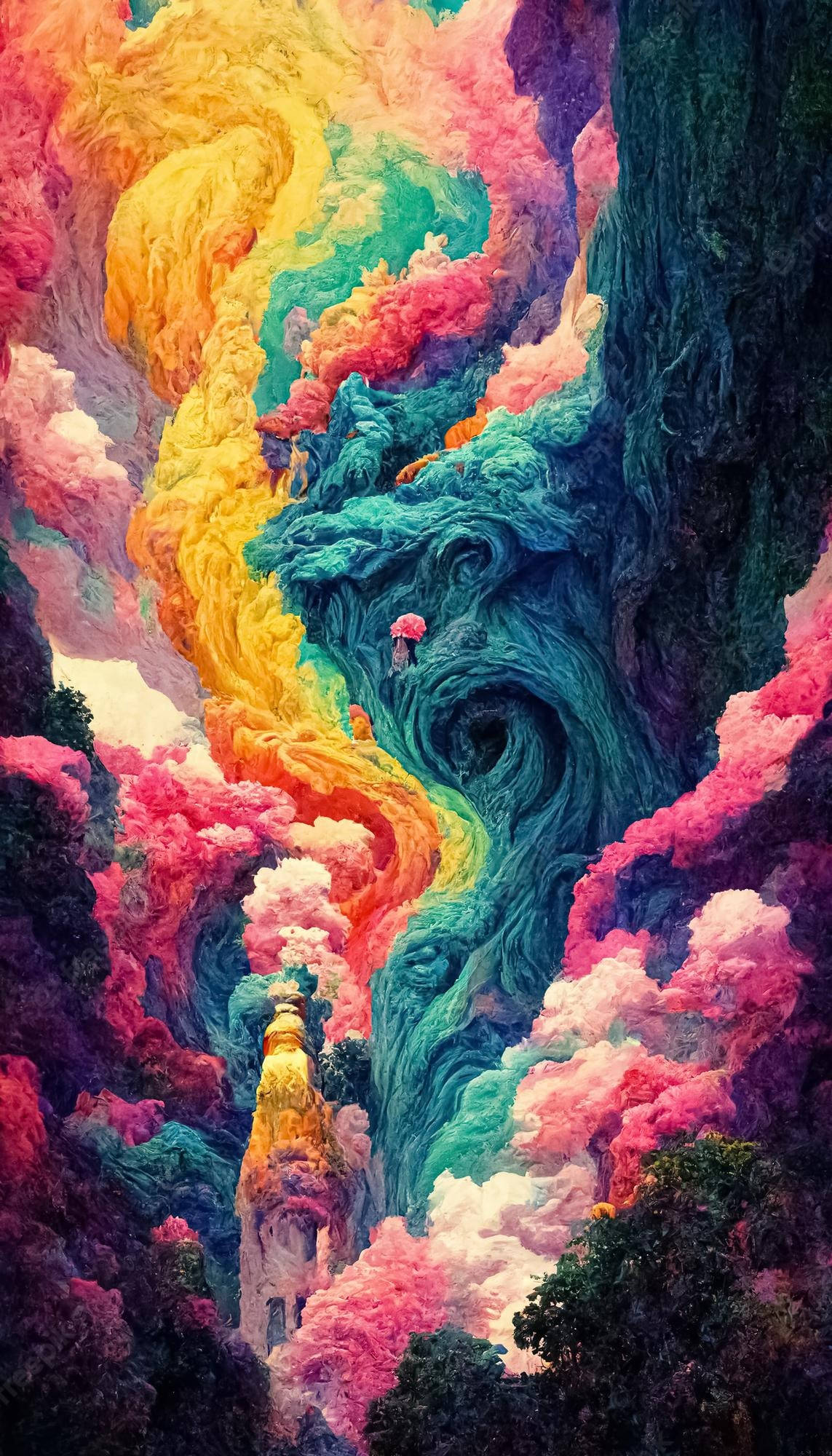 迷幻 桌布 壁紙 — 充滿活力的旋轉彩虹雲層穿過超現實的峽谷，底部有一座發光的塔。