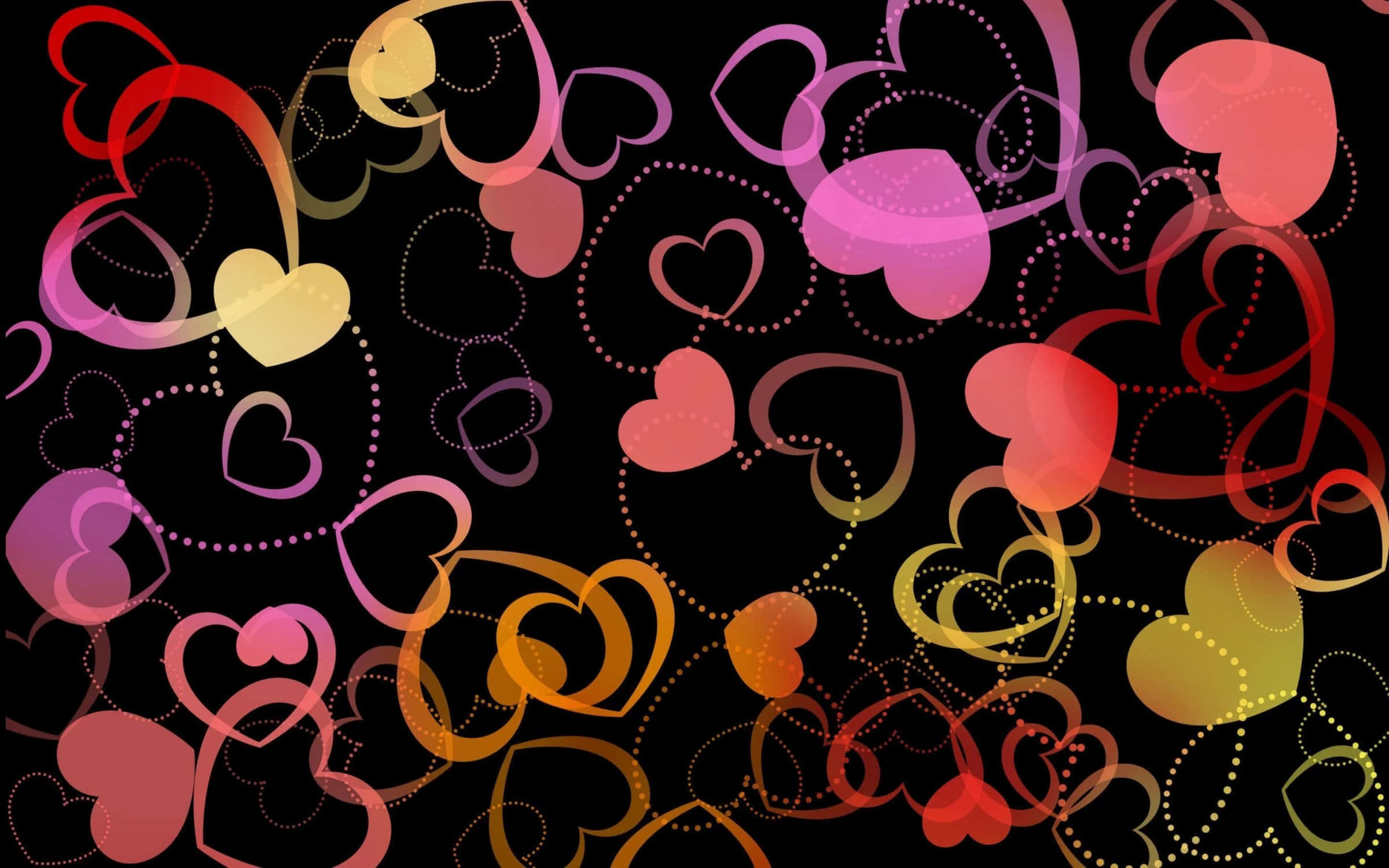 Heart Pattern 桌布 壁紙 — 充滿活力的旋轉心形在溫暖色調中漂浮在黑色背景上，形成動態浪漫圖案。