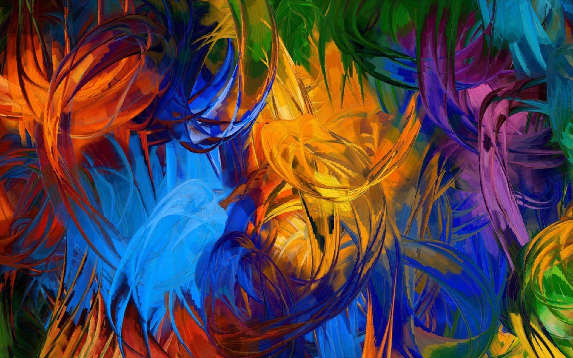 Abstraction 桌布 壁紙 — 充滿活力的旋轉抽象筆觸，以電光藍、橙、黃和紫色營造出動感十足、充滿活力的構圖。
