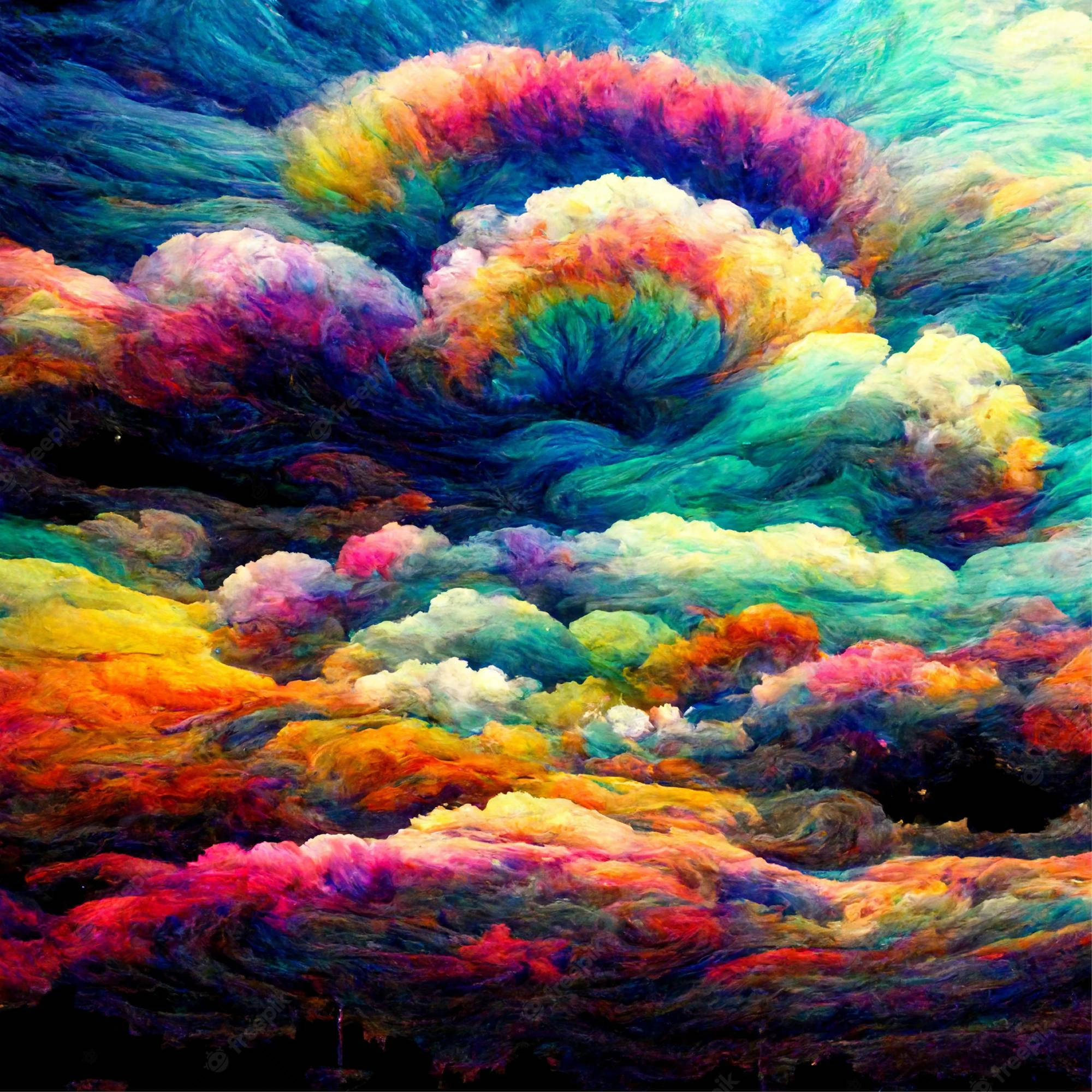 桌布 壁紙 — 充滿活力的旋轉雲彩，呈現粉紅、橙色、青綠和紫色的電光色調，營造出超現實的宇宙天空。