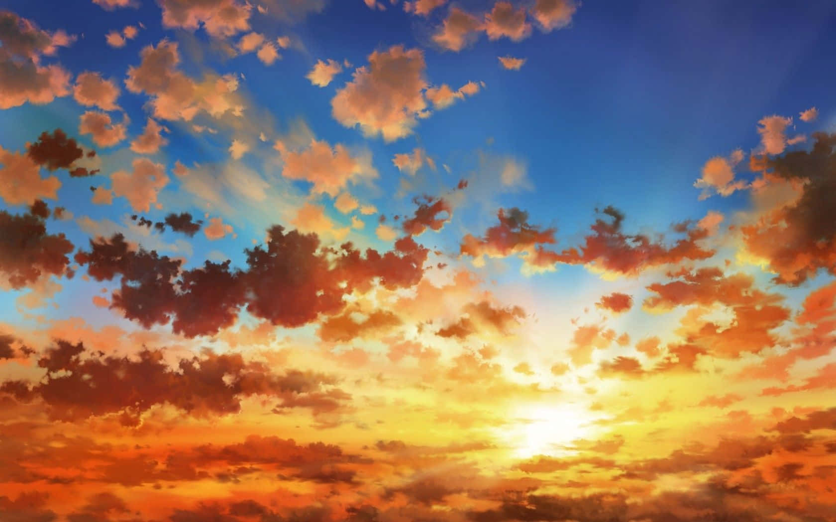 Anime Sunset 桌布 壁紙 — 充滿活力的日落天空，橙紅色雲彩在深藍色地平線上發光。