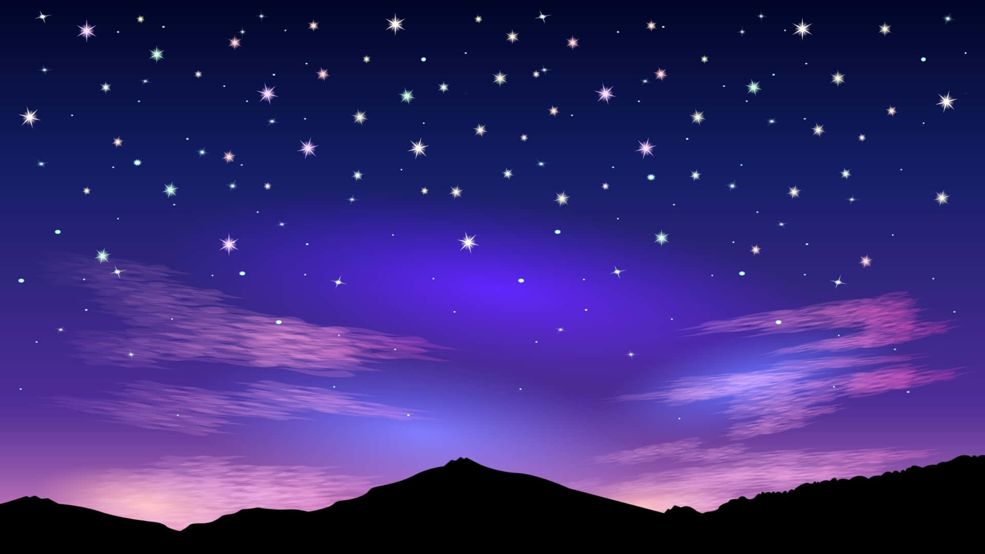 星空 桌布 壁紙 — 充滿活力的星空夜景，紫色和藍色漸變在剪影山頂之上。