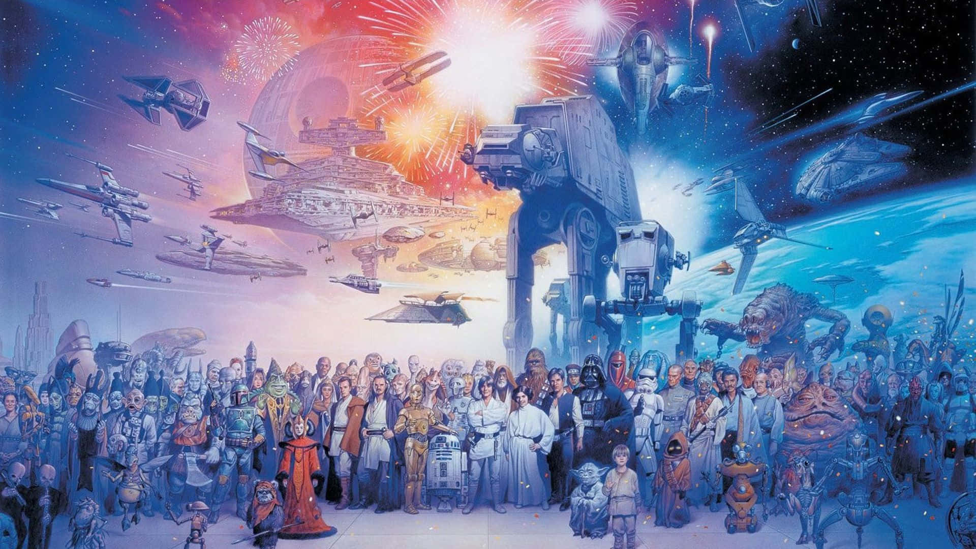 Cool Star Wars 桌布 壁紙 — 充滿活力的星際大戰演員聚集在巨大的AT-AT步行機前，星艦在一個有煙火和死星的行星上空戰鬥。