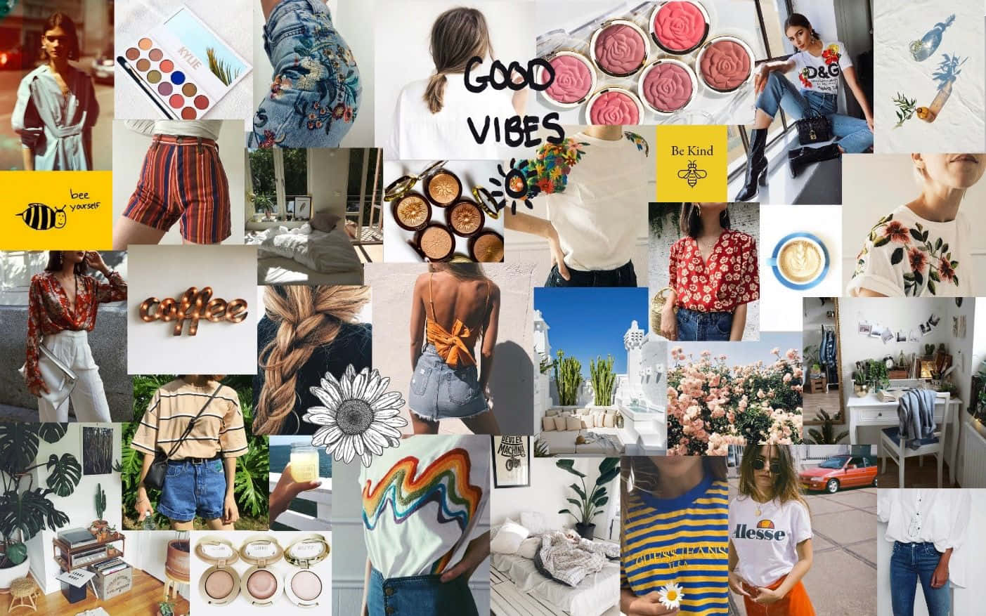 Spring Fashion 桌布 壁紙 — 充滿活力的時尚、美容和生活方式時刻拼貼畫， featuring 色彩繽紛的服裝、化妝品、植物和歡樂標語。