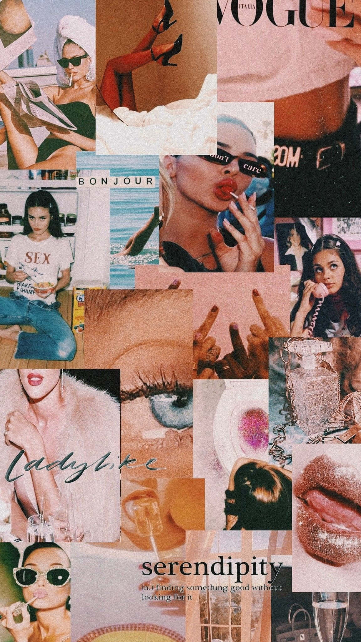 Baddie Vintage 90's Aesthetic 桌布 壁紙 — 充滿活力的時尚與美容時刻拼貼， featuring 戴太陽眼鏡的女性、嘴唇和 Vogue 雜誌剪報。