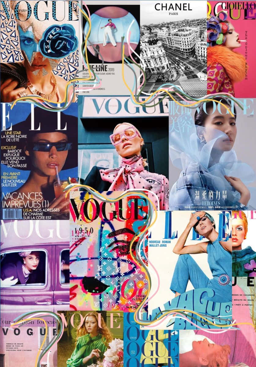 Magazine 桌布 壁紙 — 充滿活力的時尚雜誌封面拼貼畫，展示多樣化的模特兒穿著大膽服裝和藝術佈局。