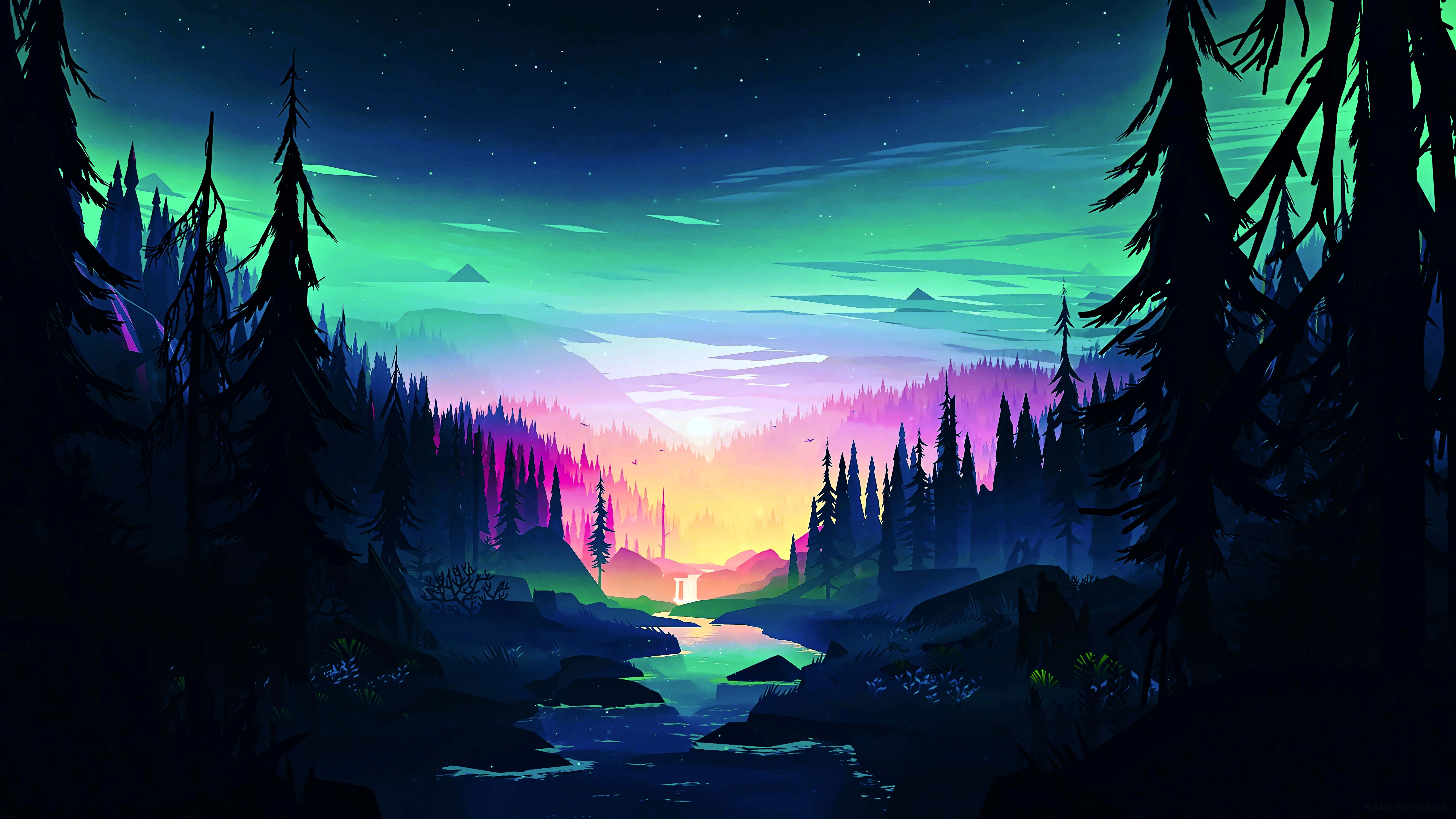 Magical Forest 桌布 壁紙 — 充滿活力的極光在暮色中寧靜的森林山谷上空舞動，發光的河流蜿蜒穿過松樹。