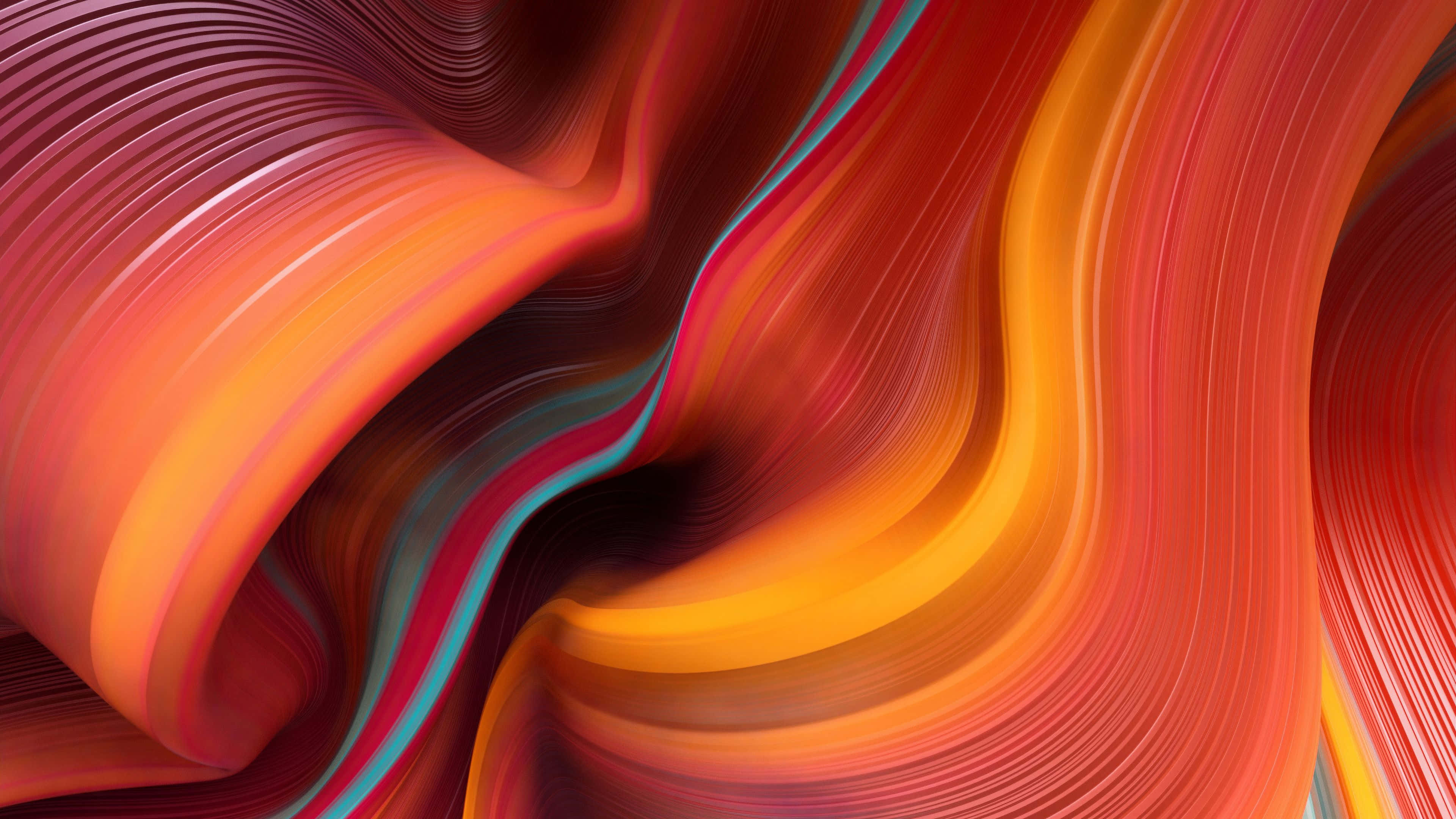 texture 桌布 壁紙 — 充滿活力的橙色、紅色和藍綠色漩渦絲帶在深色背景上動態流動，形成數碼抽象構圖。