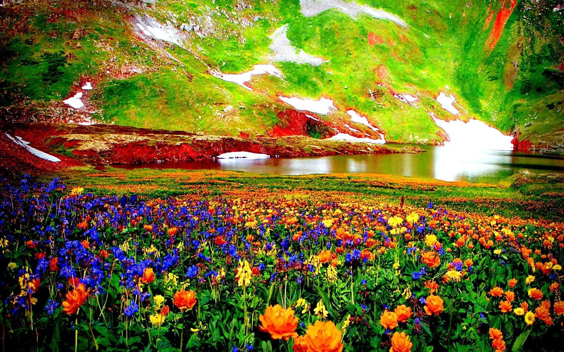 Meadow 桌布 壁紙 — 充滿活力的橙色、藍色和黃色野花田在寧靜的山湖邊盛開，湖邊有白雪覆蓋的綠色山坡。
