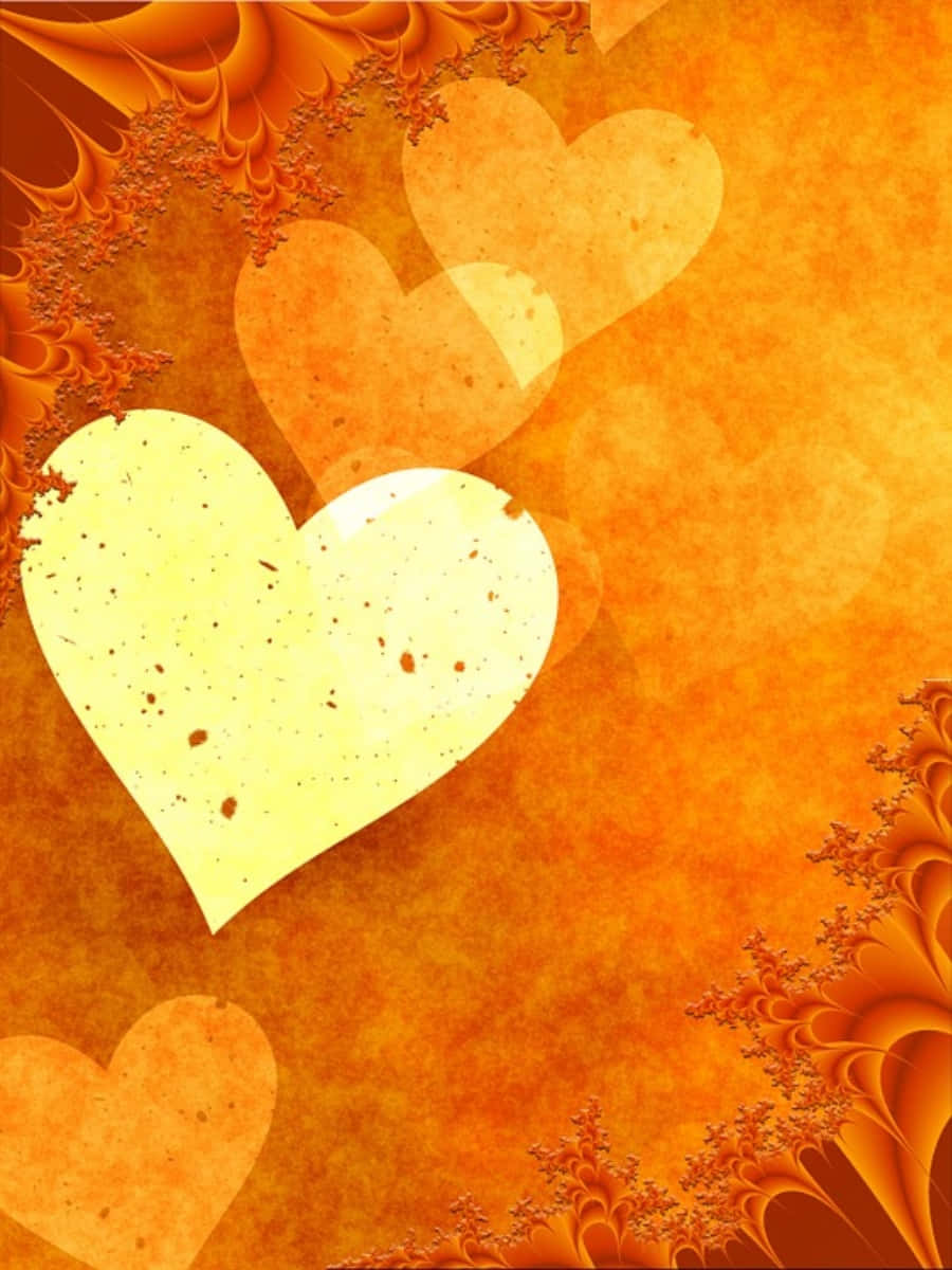 Orange Heart 桌布 壁紙 — 充滿活力的橙色分形壁紙，帶有分層半透明心形和紋理紙質細節。