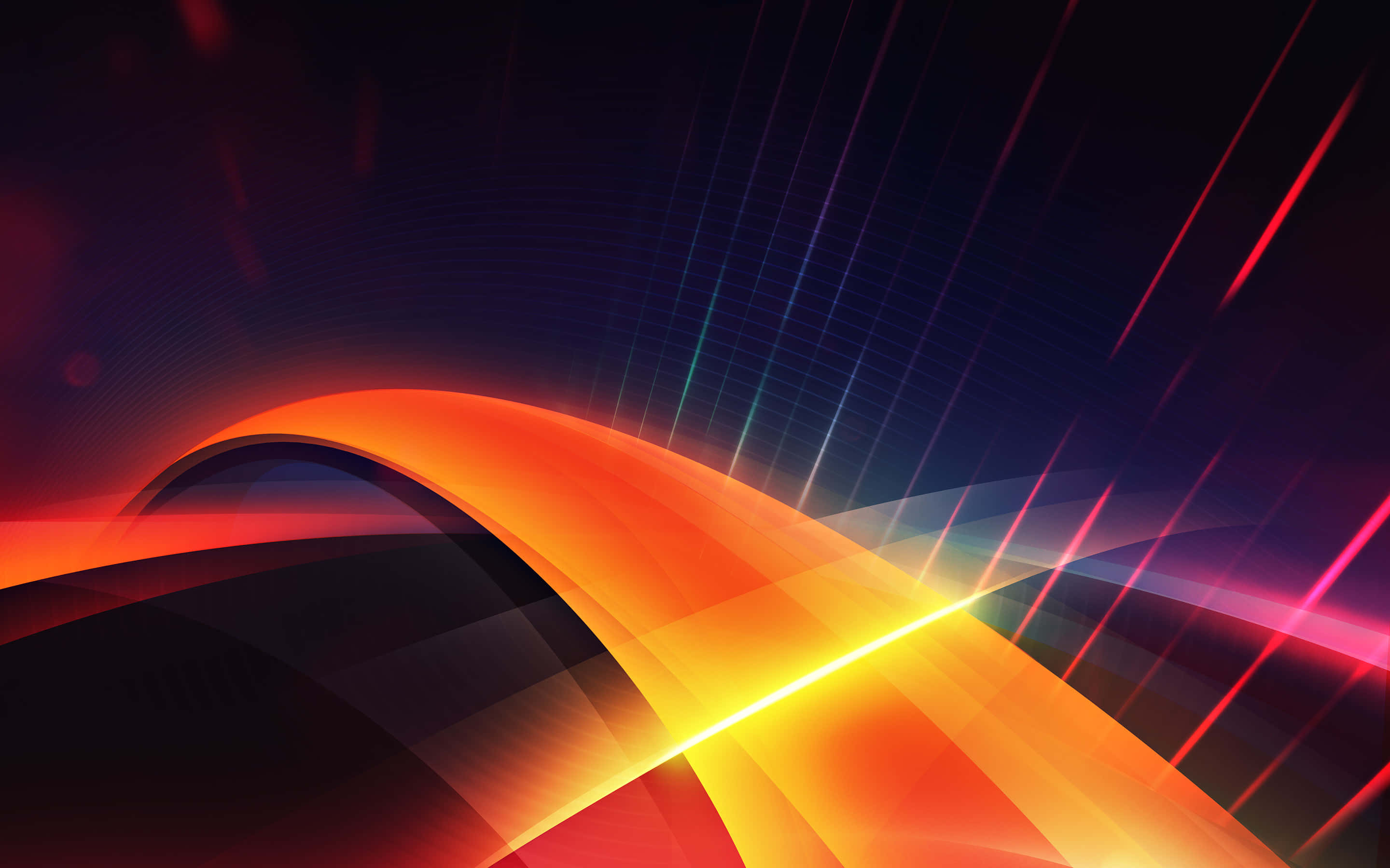 3d Abstract 桌布 壁紙 — 充滿活力的橙色和紅色抽象曲線在黑暗背景上發光，帶有條紋光線。