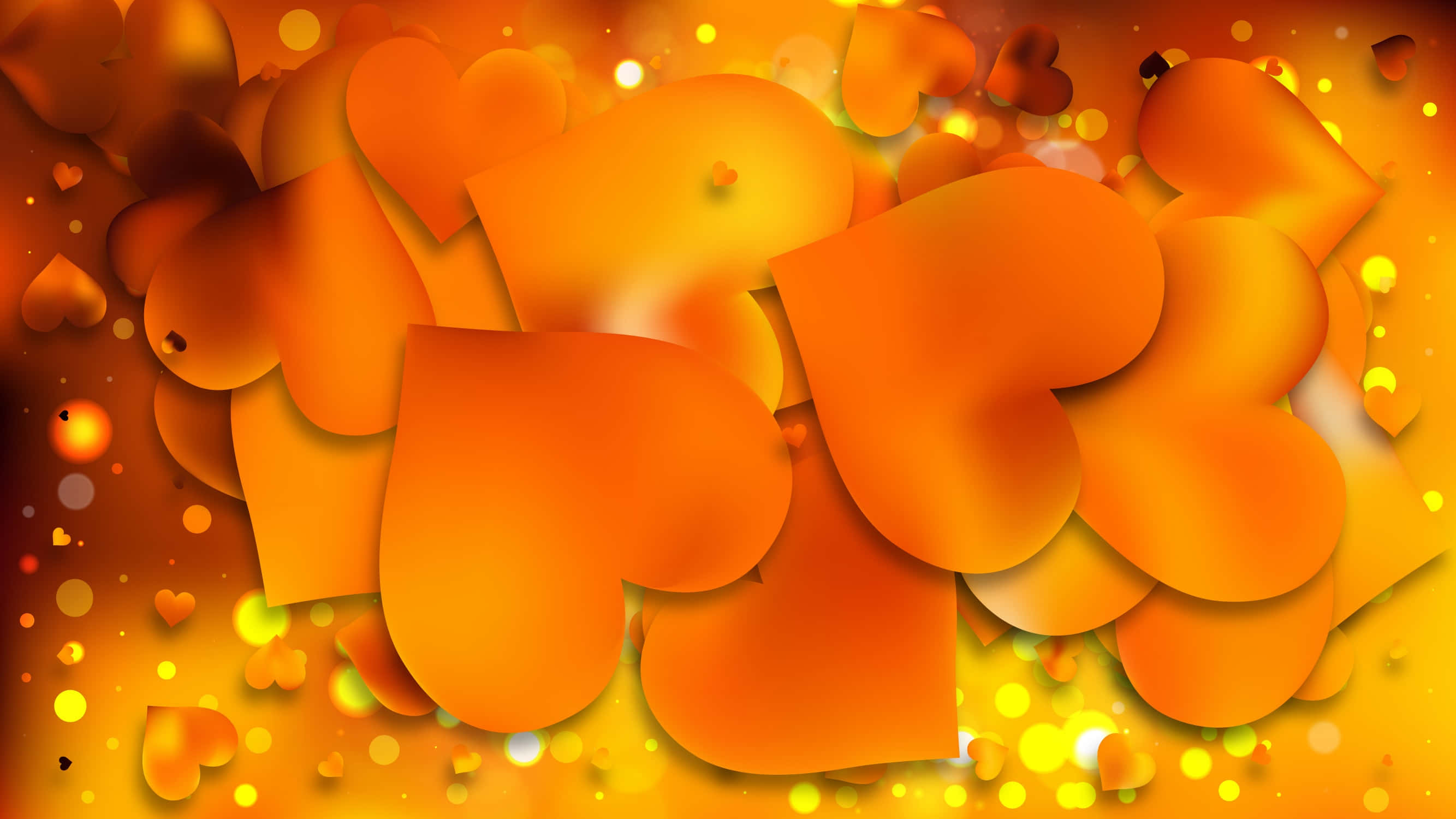 Orange Heart 桌布 壁紙 — 充滿活力的橙色和黃色心形漂浮在發光的散景背景中，帶有柔和的光粒子。