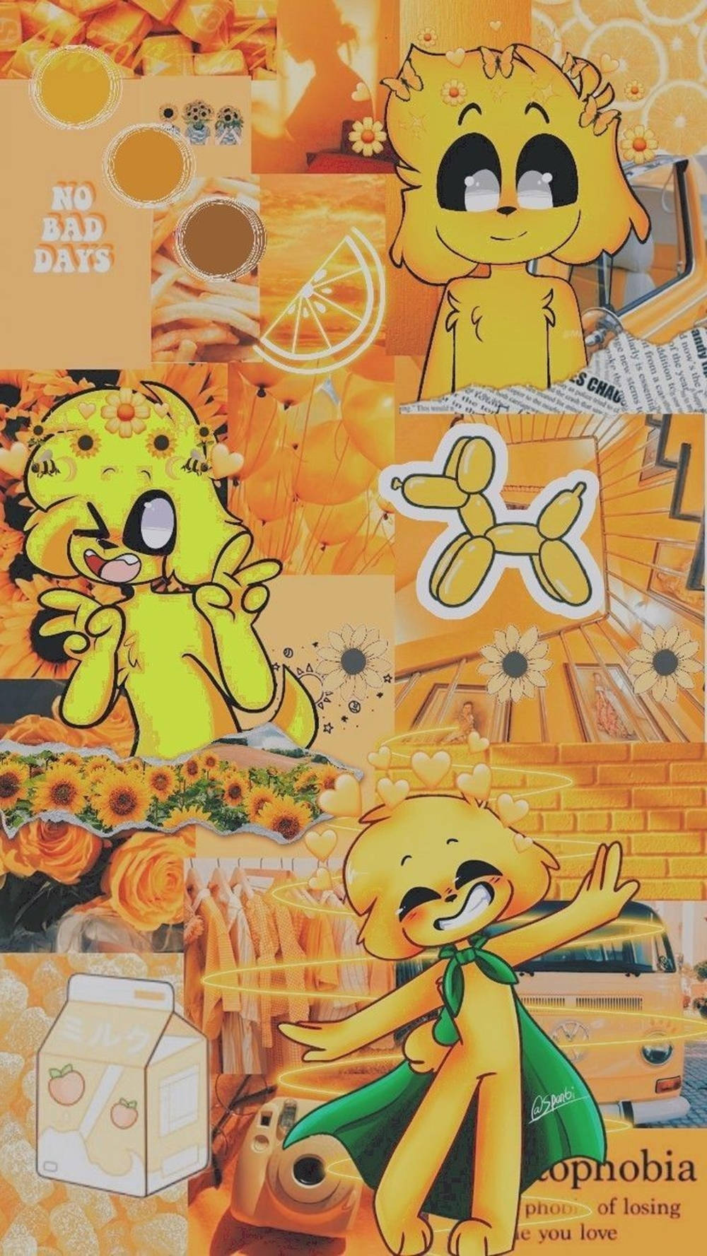 遊戲 桌布 壁紙 — 充滿活力的橙色拼貼畫，以歡樂的卡通人物、向日葵和俏皮的塗鴉為特色，營造溫暖振奮的氛圍。