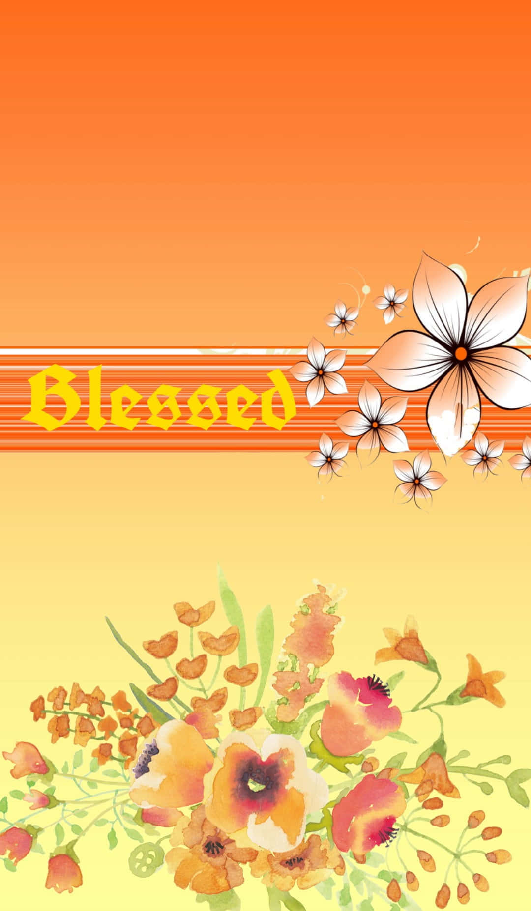 橙色美學 桌布 壁紙 — 充滿活力的橙色漸變牆紙，帶有花卉插圖和黃色字體的Blessed字樣。