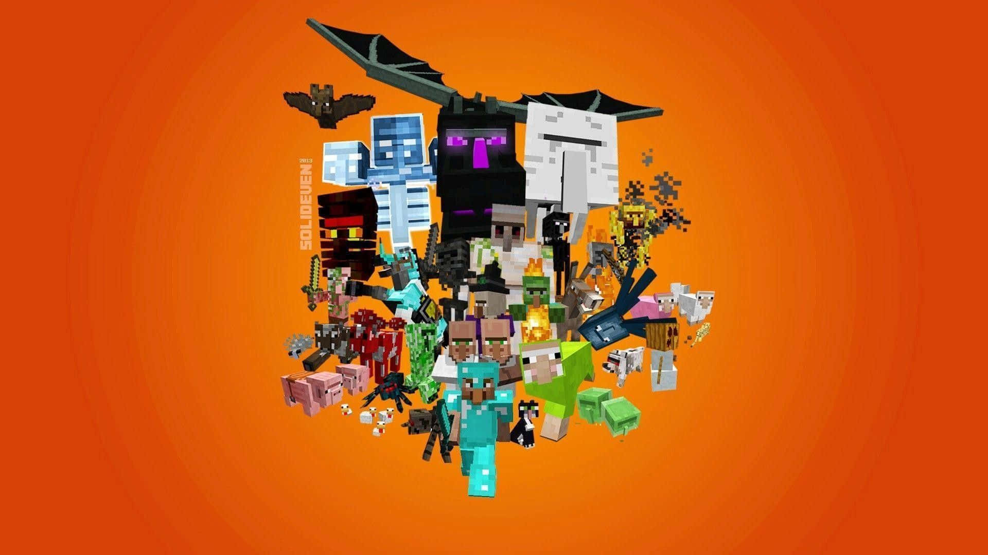 最佳 Minecraft 桌布 壁紙 — 充滿活力的橙色漸變背景，展示了一組動態的Minecraft角色和生物，採用標誌性的方塊像素藝術風格。