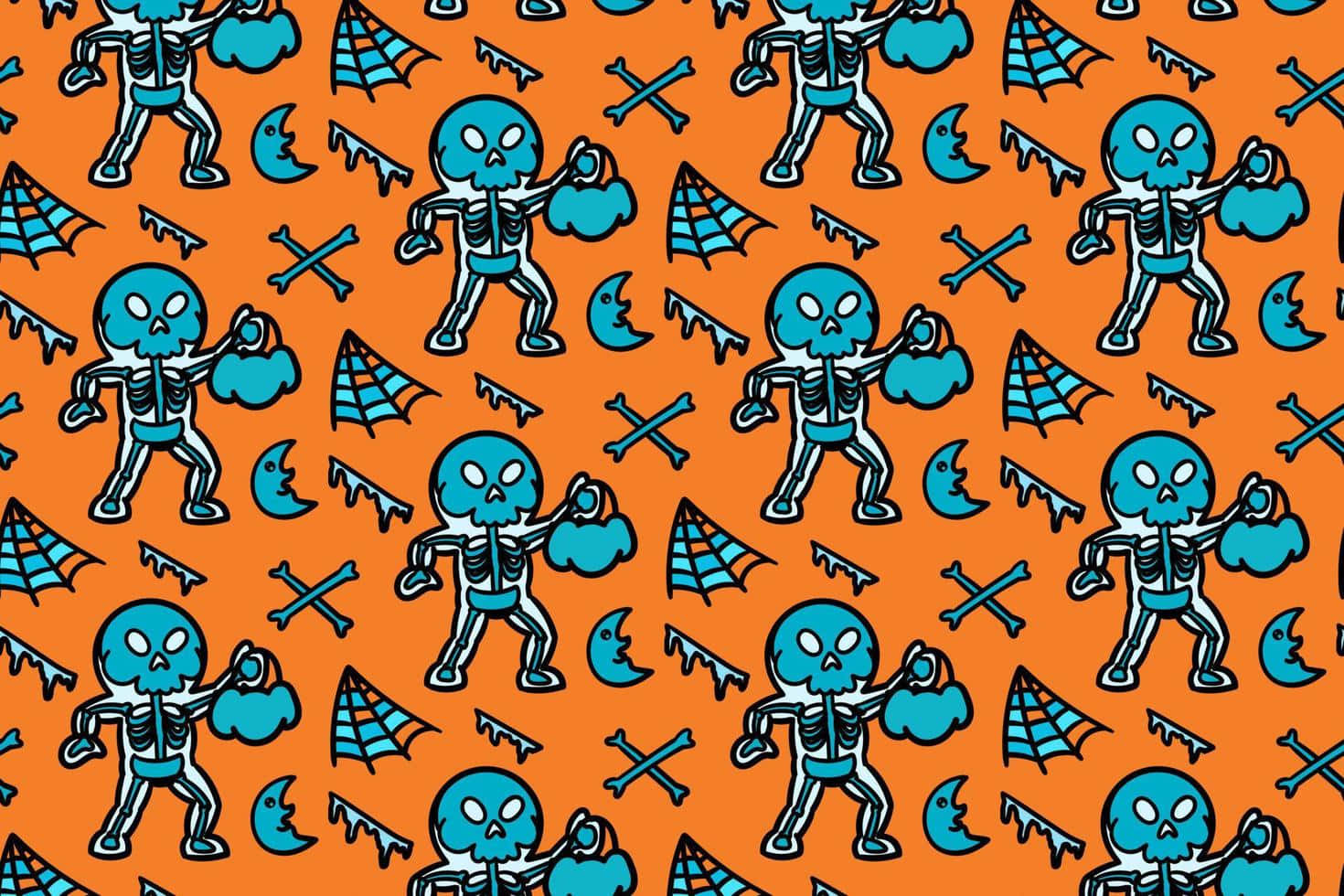 Skeleton Costumes 桌布 壁紙 — 充滿活力的橙色牆紙圖案，重複出現藍色卡通骷髏手持南瓜，伴有蝙蝠和骨頭。