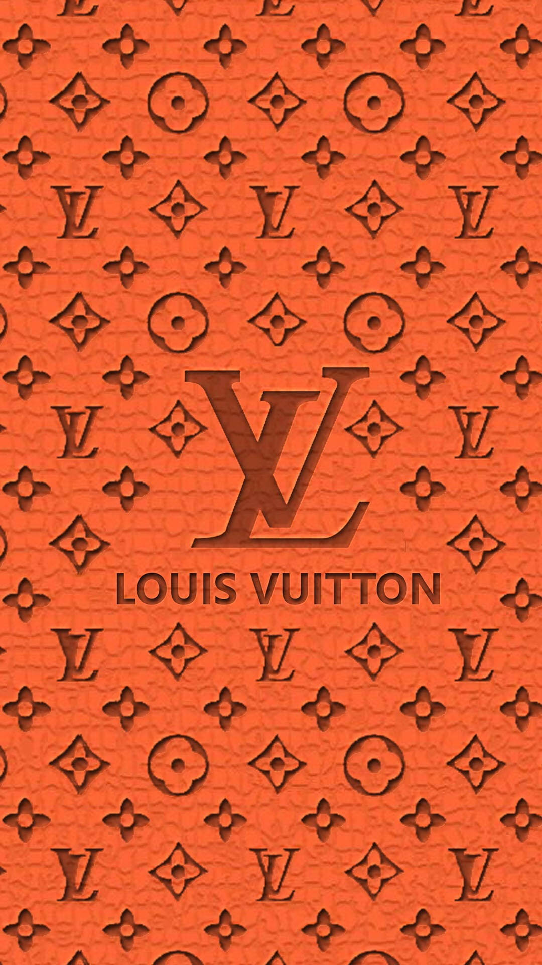 路易威登 桌布 壁紙 — 充滿活力的橙色紋理皮革，帶有壓花 Louis Vuitton 字母組合圖案和標誌。