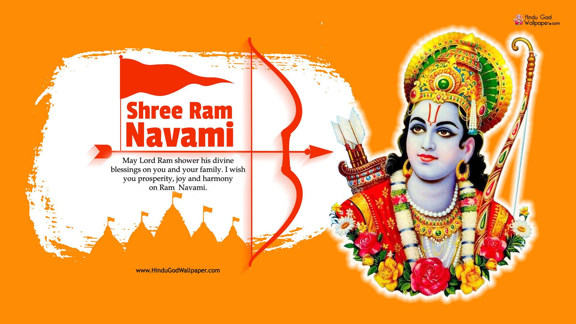 jai shri ram 桌布 壁紙 — 充滿活力的橙色背景，描繪了拉姆勳爵的神聖肖像，手持弓箭和花環，旁邊是慶祝 Shree Ram Navami 的節日文字。