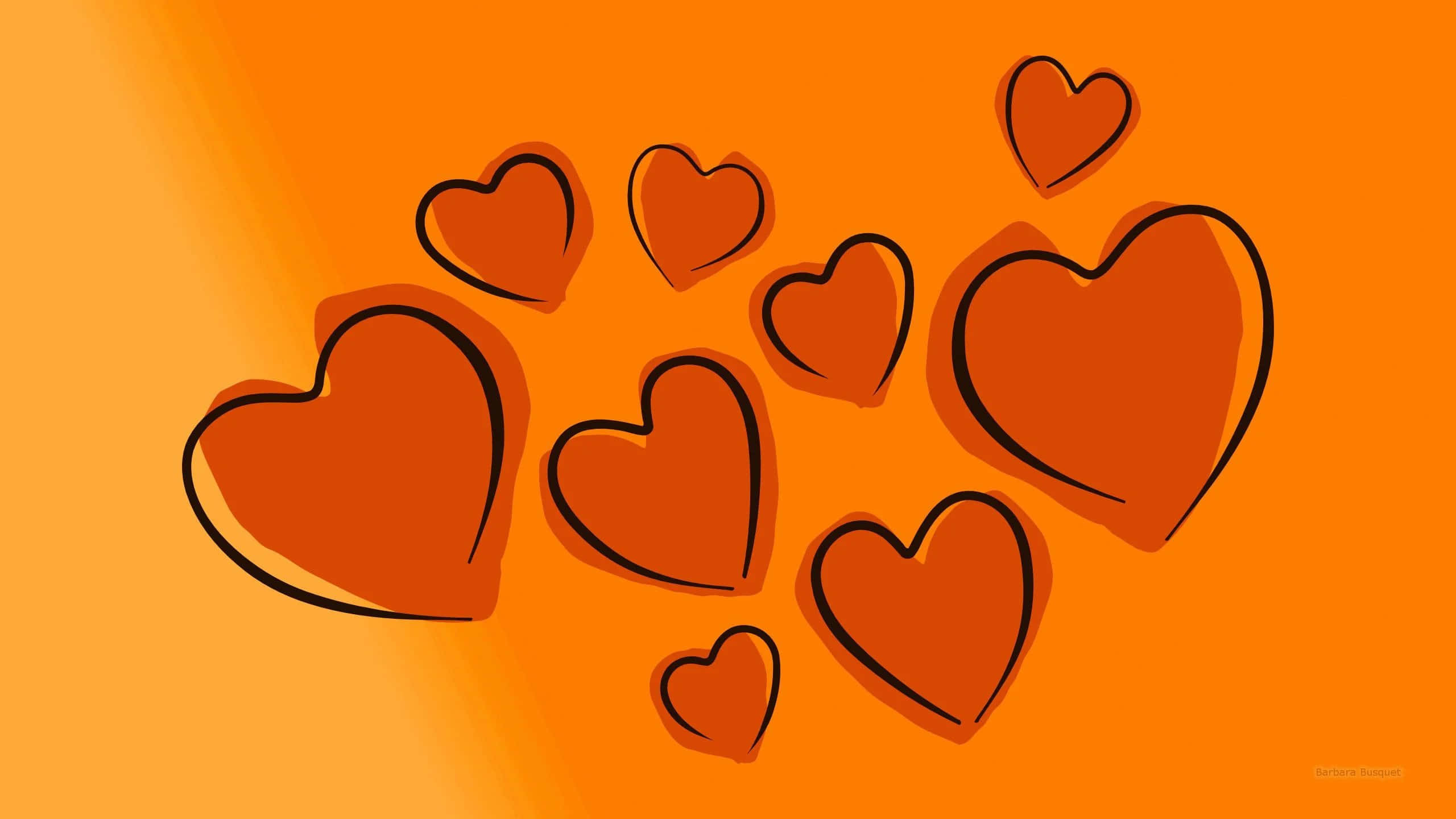 Orange Heart 桌布 壁紙 — 充滿活力的橙色背景，漂浮著不同大小的輪廓心形，營造出溫馨親切的氛圍。