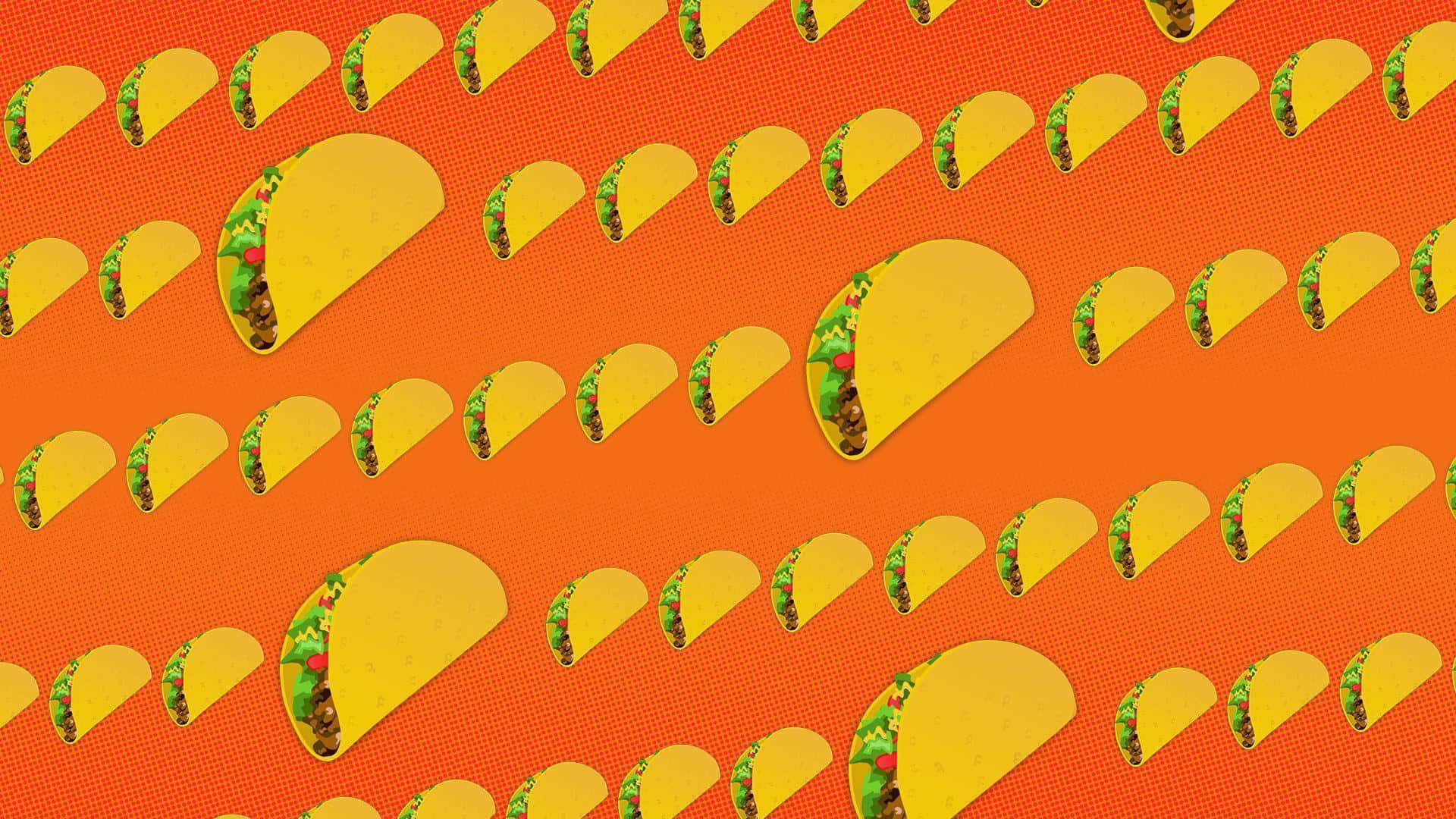 Taco 桌布 壁紙 — 充滿活力的橙色背景，重複填充著黃色墨西哥捲餅，內餡有綠色生菜和棕色肉類。